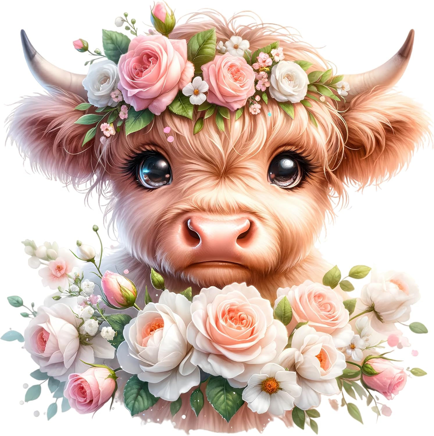 Adorable Floral Baby Highland Cow 100% Cotton Quilting Fabric Panel 14x14 Inch Square L491