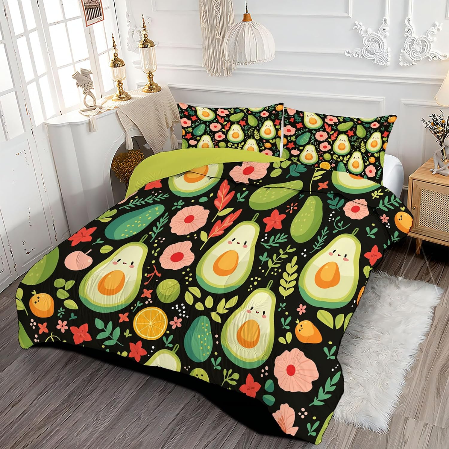 Flowers Fruits Comforter Set Full Size, Funny Avocado Bedding Set for Teens Adults Room, Black Soft 80" x 90" Quilt with 2 Pillow Cases, Lightweight Black Quilt for All Season