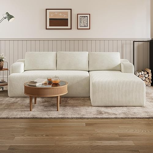 Novilla L-Shape Sectional Couches for Living Room with Smarts Coil® Support, 3 Seater Sectional Sofas for Living Room Bedroom, Corduroy Cloud Couch Sectional, No Assembly(Beige, Right Hand Facing)