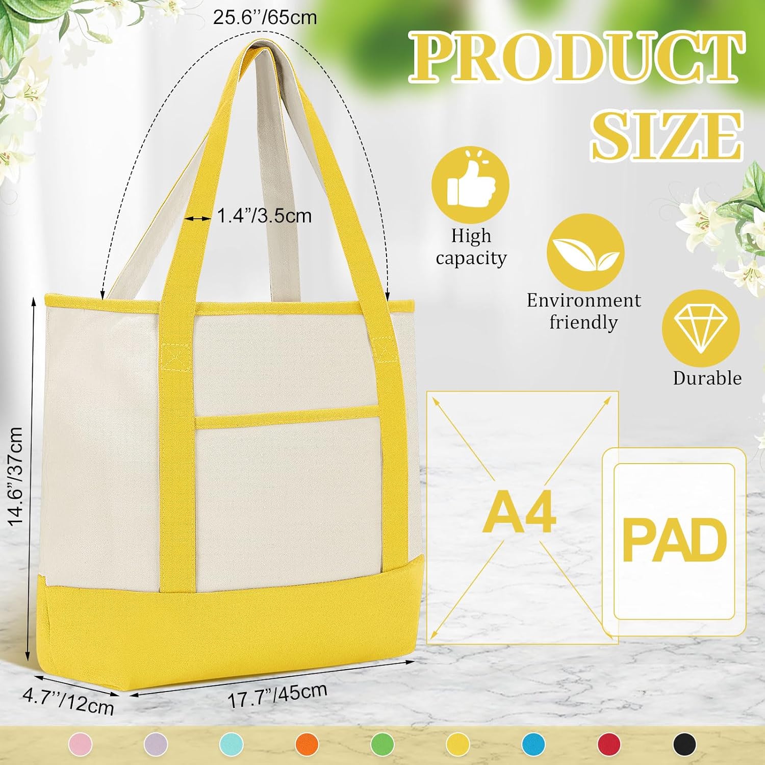 Sanwuta 9 Pcs Canvas Tote Bags Bulk with Outer Pocket 18‘' Reusable Grocery Shopping Blank Tote Bag for Women