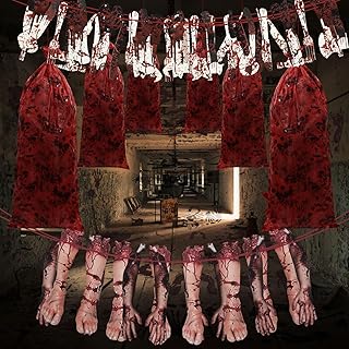 Poen 6 Pcs Halloween Bloody Body Bag 23.6 x 63 Inch Bloody Bag for Body Creepy 4 Pcs Halloween Garland Banner Fake Hands Knives Banners 4 Sheets Bloody Stickers for Haunted House Yard Decor