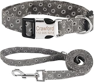 Personalized Custom Dog Collars and Leash Set Custom Free Engraving with id Tags Pet Name and Phone Number,Flower Pattern 4 Adjustable Sizes for Small Medium Large cat Dogs（Gray-L）