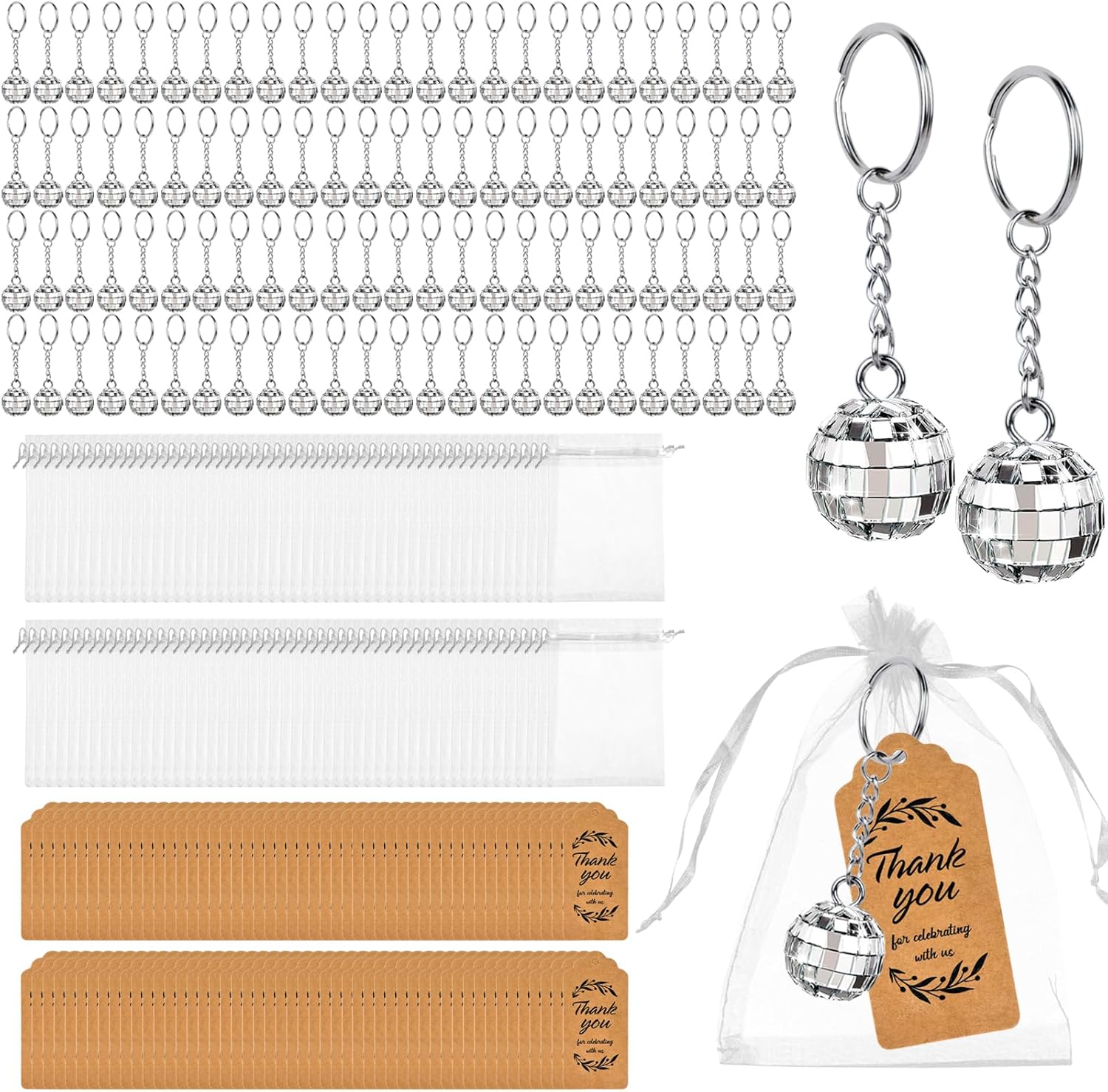 100 Sets Mirror Disco Ball Keychain with Organza Bags and Thank You Tags Mini Disco Ball Decorations Bulk for 70s 80s Party Favors Disco Theme Birthday Halloween Christmas Party Gifts