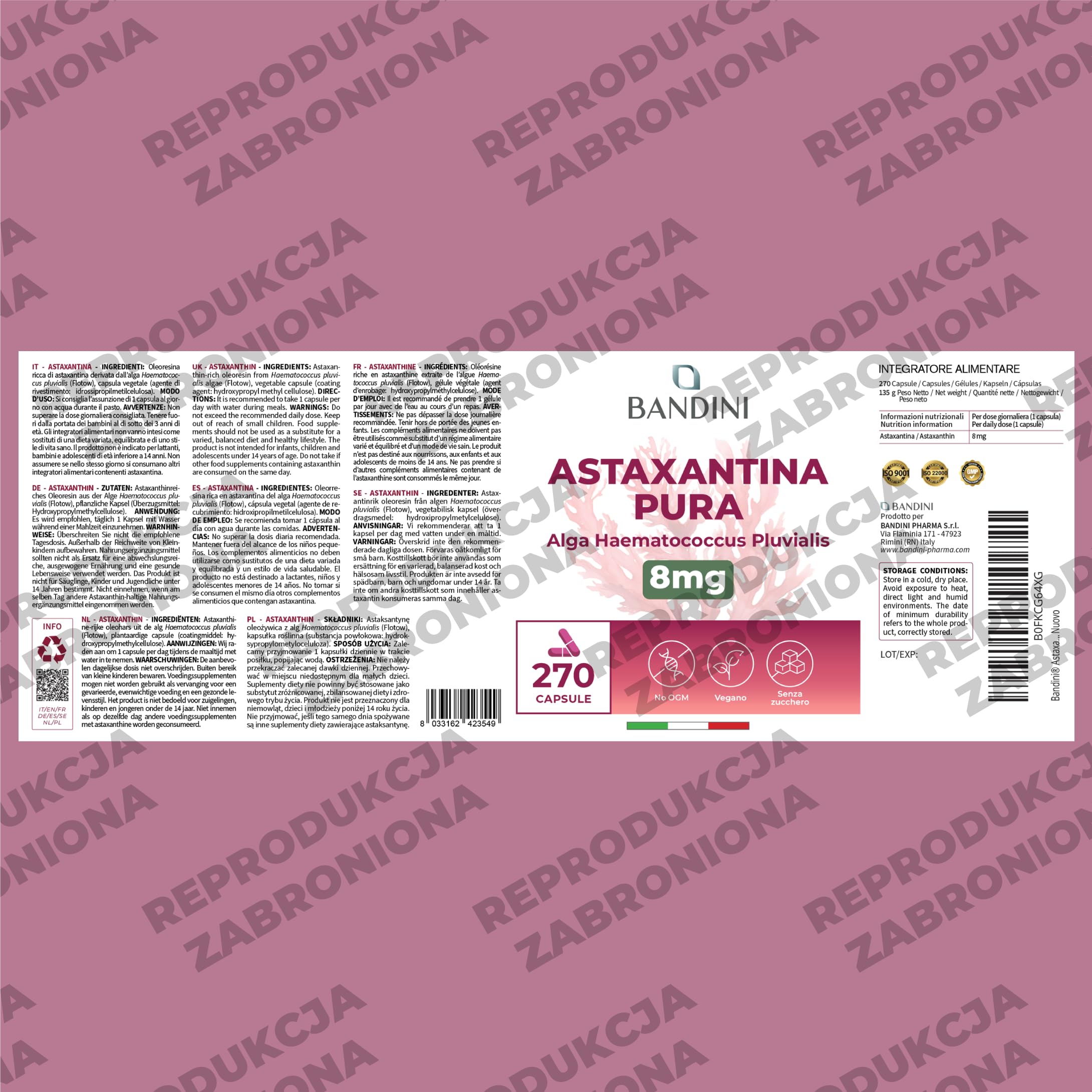 Bandini® Czysta Astaksantyna 270 kapsułek – 9-miesięczny zapas | Silny, naturalny przeciwutleniacz z alg Haematococcus pluvialis – 100% Naturalna Astaxanthin 8 mg na kapsułkę - Vegan, bez GMO