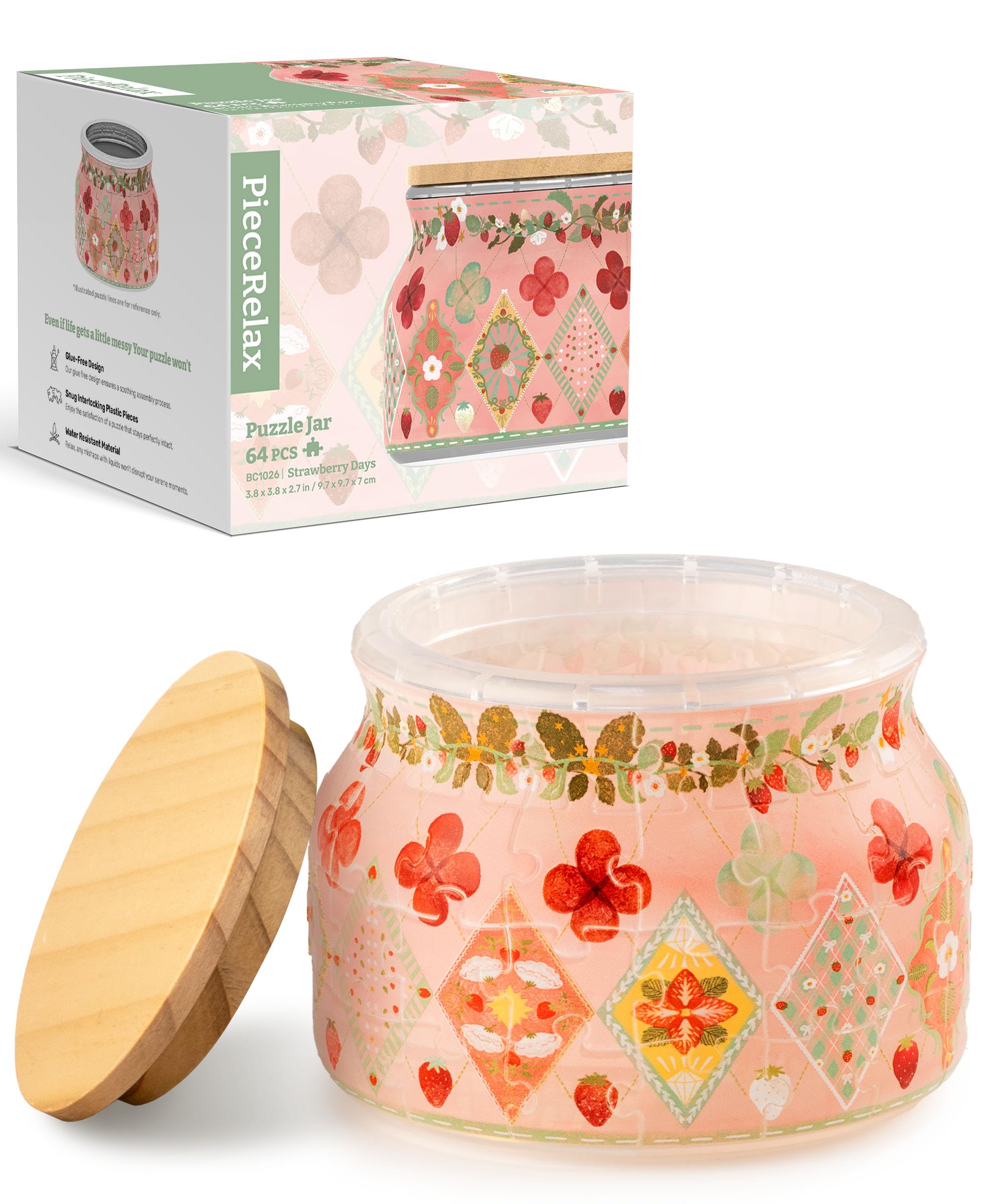 PieceRelax 3D Puzzle Jar 64 Plastic Pieces for Adults - Sweetness of Strawberry Wooden Lid Container for Kitchen Dining Study Living Room No Glue Requied Small [BC1026]