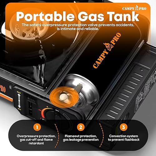 Miniatura 6 de Estufa de gas butano portátil con encendido automático y estuche de transporte, estufa compacta para acampar, senderismo, cocina al aire libre y uso