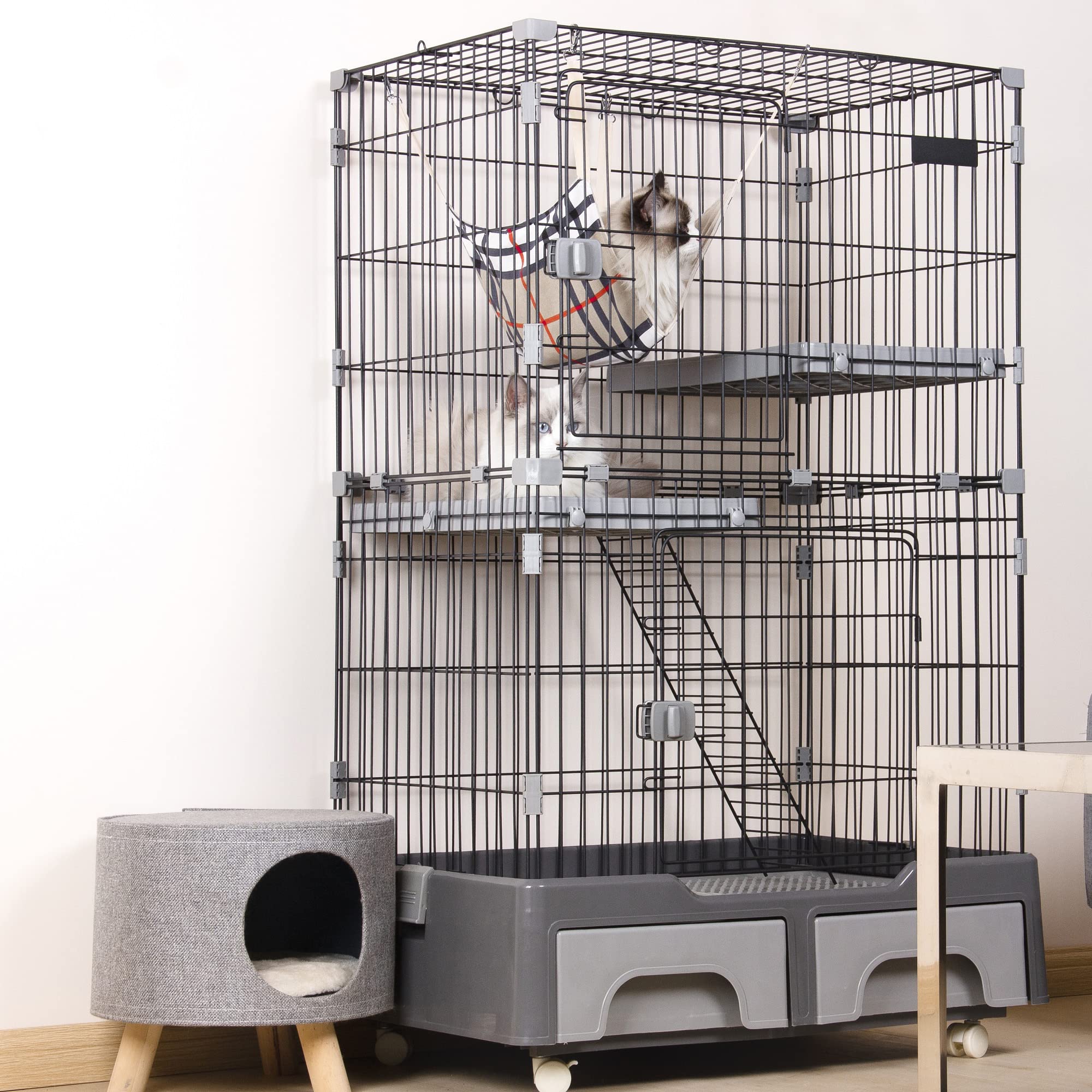 【新品】収納型キャットケージ 2段 1段/2段可能 キャスター付き グレー Amazon.co.jp: キャットケージ 猫 ケージ 2段 ハンモック付 キャスター