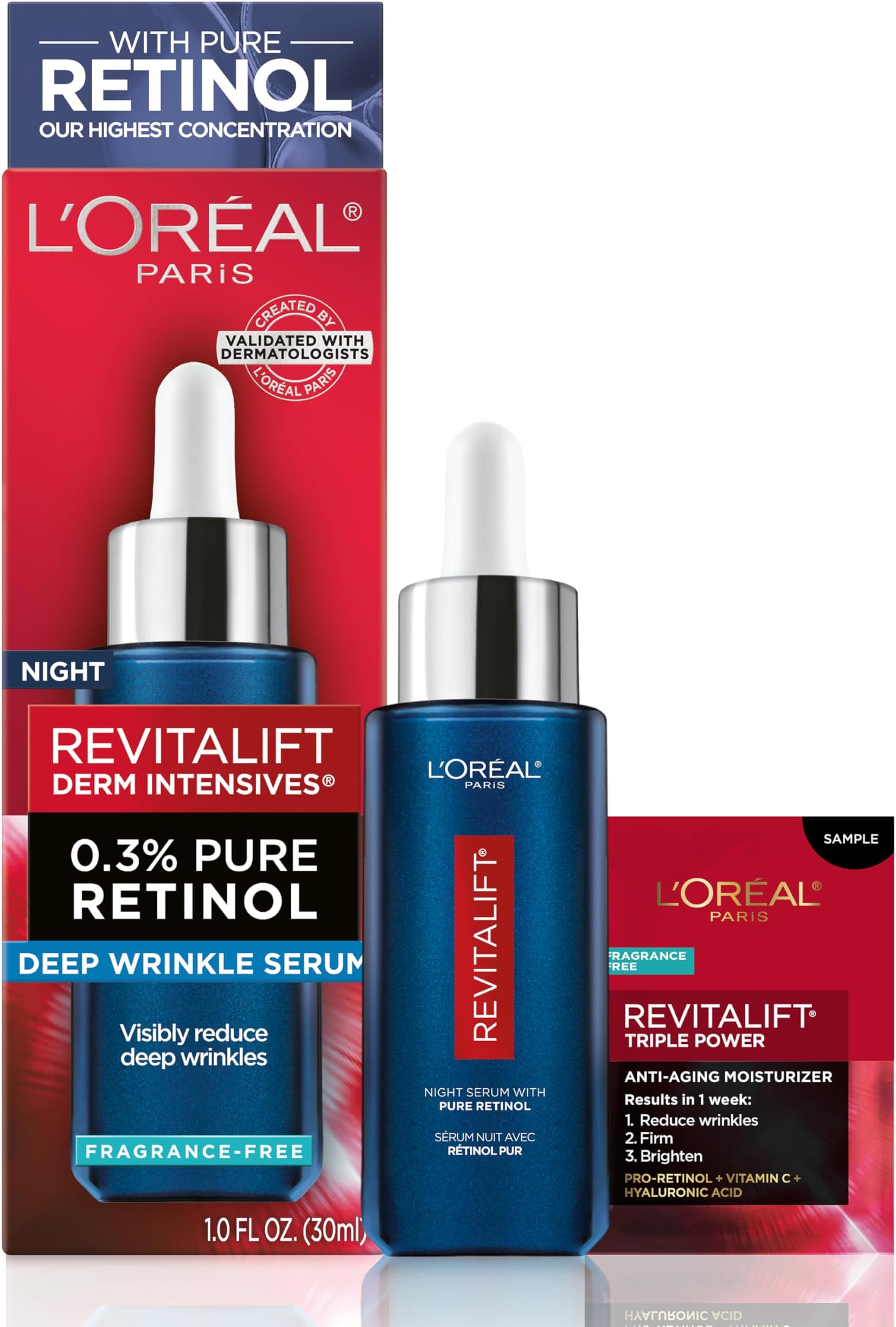 L’Oréal Paris L'Oreal Revitalift 0.3% Pure Retinol Night Serum, Reduce Deep Wrinkles, Fragrance Free 1 oz + Moisturizer Sample