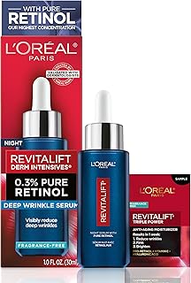 L'Oreal Paris Revitalift 0.3% Pure Retinol Night Serum, Reduce Deep Wrinkles, Fragrance Free 1 oz + Moisturizer Sample