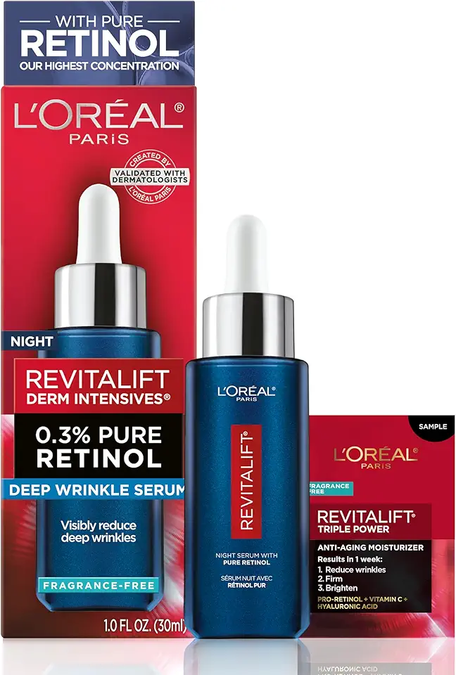 L'Oreal Paris Revitalift 0.3% Pure Retinol Night Serum, Reduce Deep Wrinkles, Fragrance Free 1 oz + Moisturizer Sample