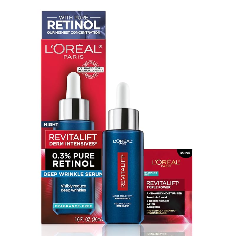 Sérum noturno L'Oreal Paris Revitalift com retinol puro 0,3%, sem fragrância, 30 mL com amostra de hidratante