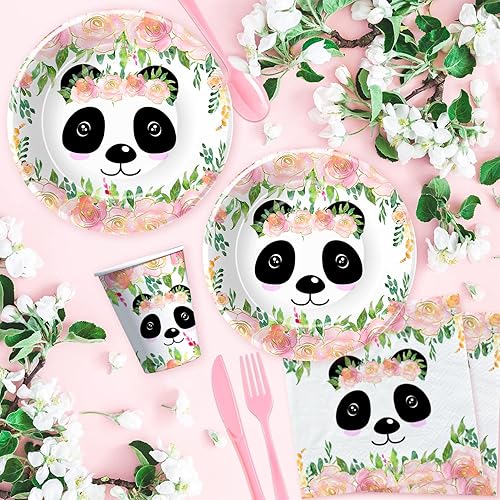 Miniatura 6 de Suministros de fiesta de panda, decoraciones de fiesta de cumpleaños de panda para niñas, plato de panda, taza, servilleta, mantel, cubiertos,