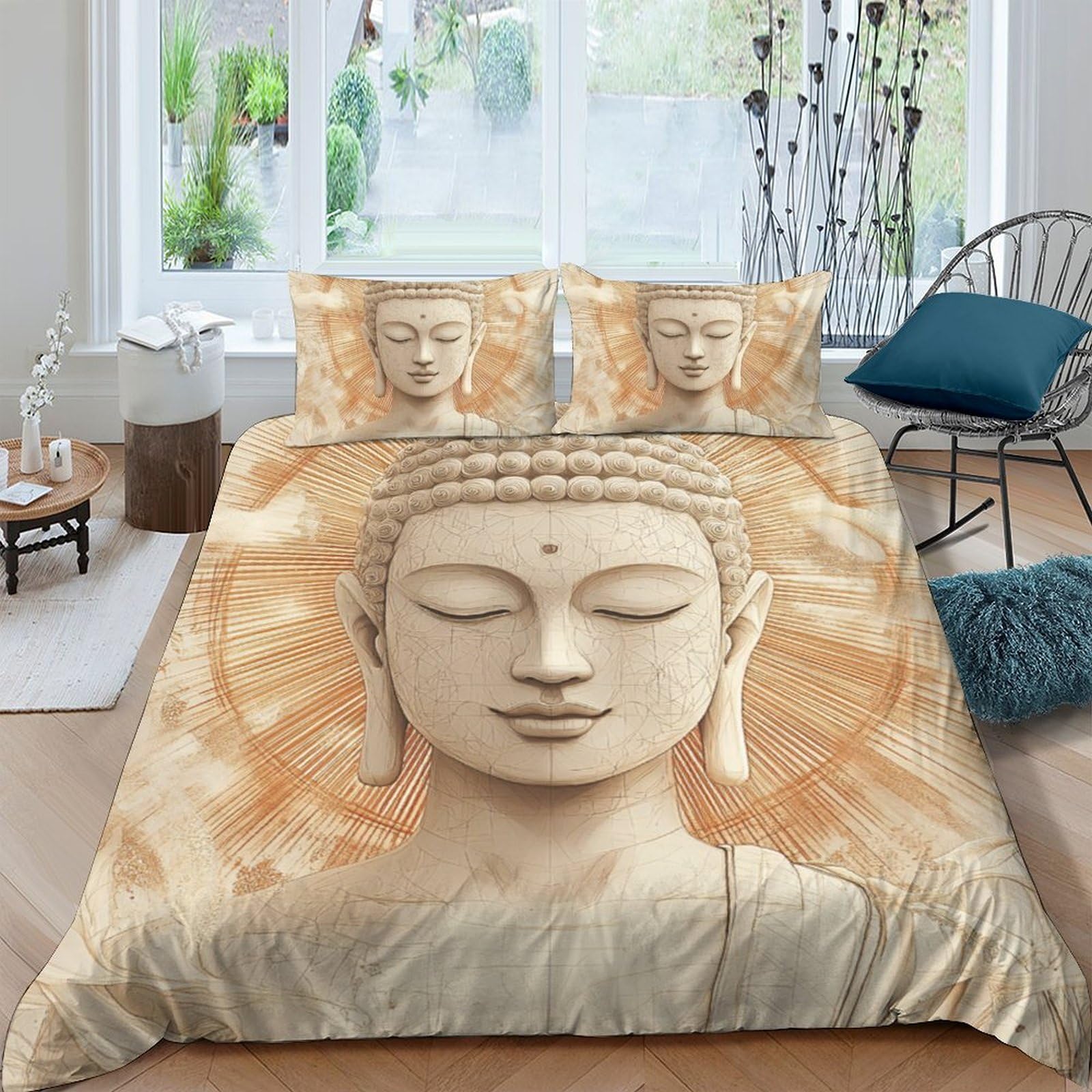 Ctjqhvkz Style-4 3D Printed Buddha Statue Fitted Sheet Microfiber Beige Zen Mandala Mattress Cover Non Slip Bedroom Decor Single（135X200cm）