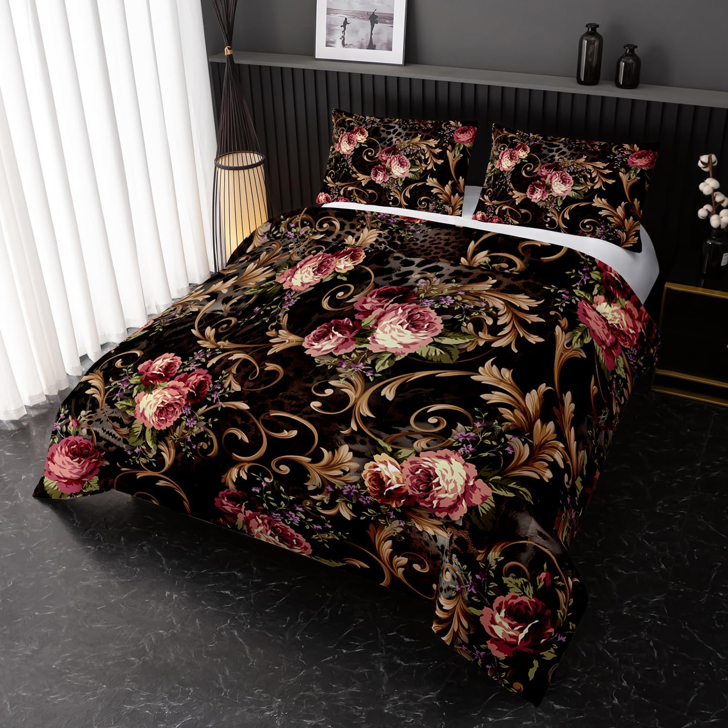 Nttopship Black Boho Floral Comforter Set Full Size Flower Bedding Sets 3PCS for Kids Teen Adult Retro Flowers Room Decor Ultra-Soft Lightweight Microfiber 1 Comforter with 2 Pillowcases
