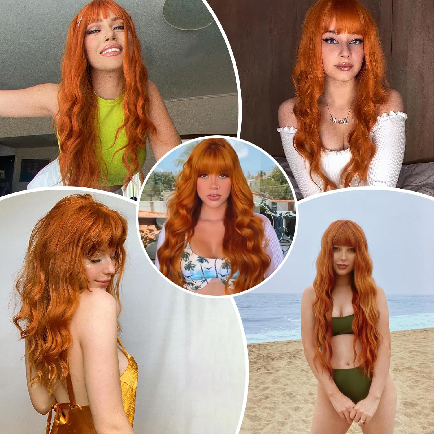 MERISIHAIR Long Orange Wig with Bangs,Ginger Wavy Wigs for Women,26 Inches Heat Resistant Synthetic Orange Wig For Daily Cosplay Party Use