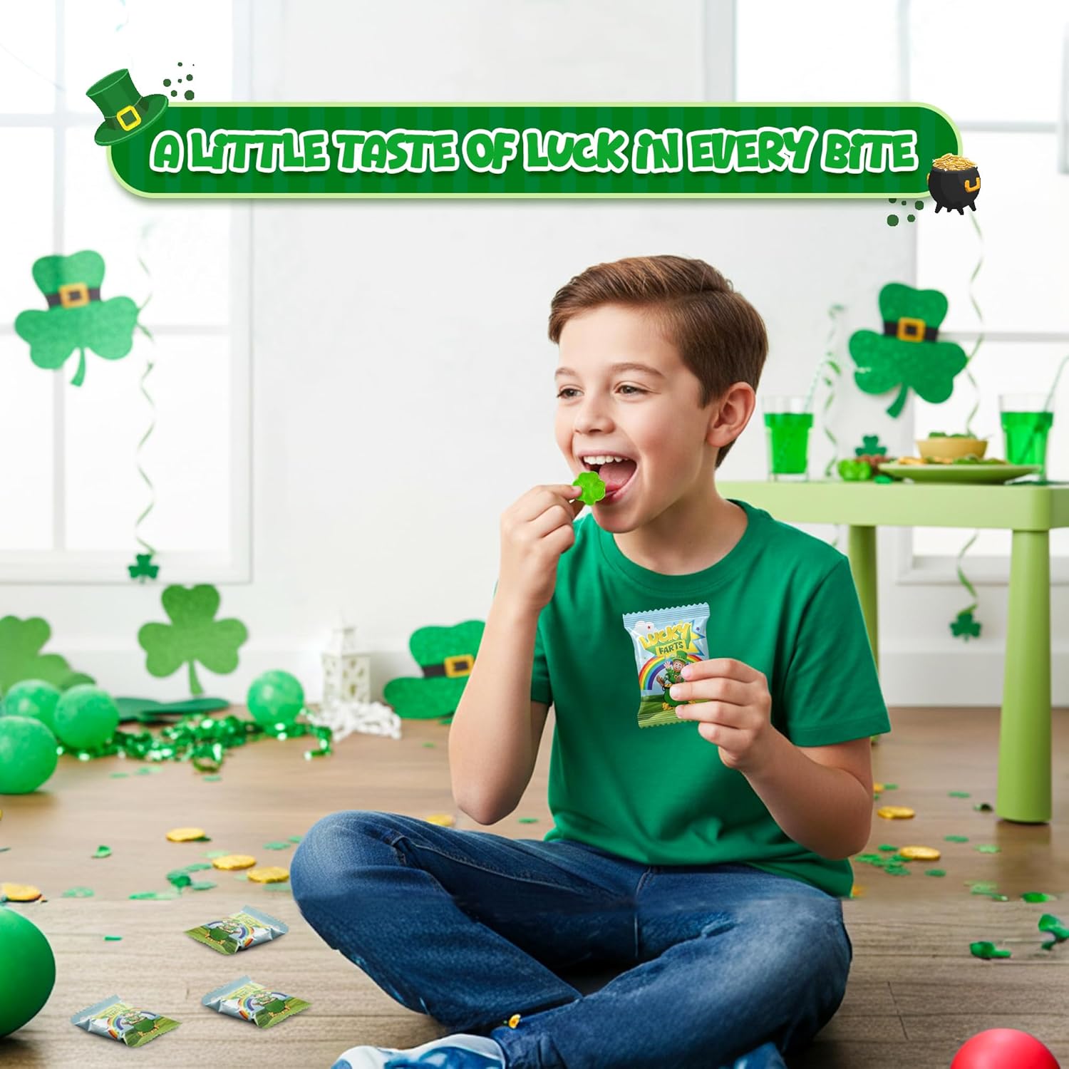 4E's Novelty 30 Packs St. Patricks Day Lucky Farts Shamrock Gummies - 30 Individually Wrapped Bags (5 Pieces Each) Green Gummy Funny St Patricks Day Candy Party Favors, Saint Patty's Day Treats & Kids Snacks, Green Apple Flavor
