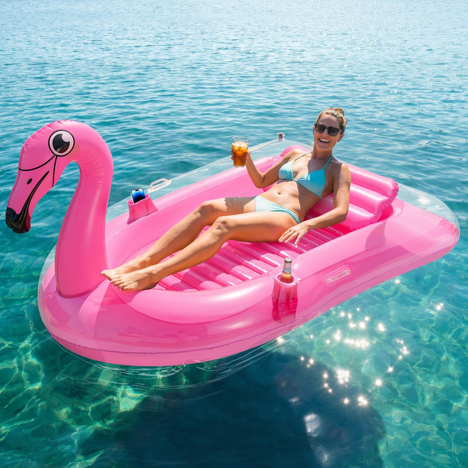 HeySplash Inflatable Tanning Pool, Flamingo Tanning Float with Cup Holders, Pool Floats Adult with Detachable Inflation Pillow Dual Handles, Inflatable Pools for Beach Party Backyard