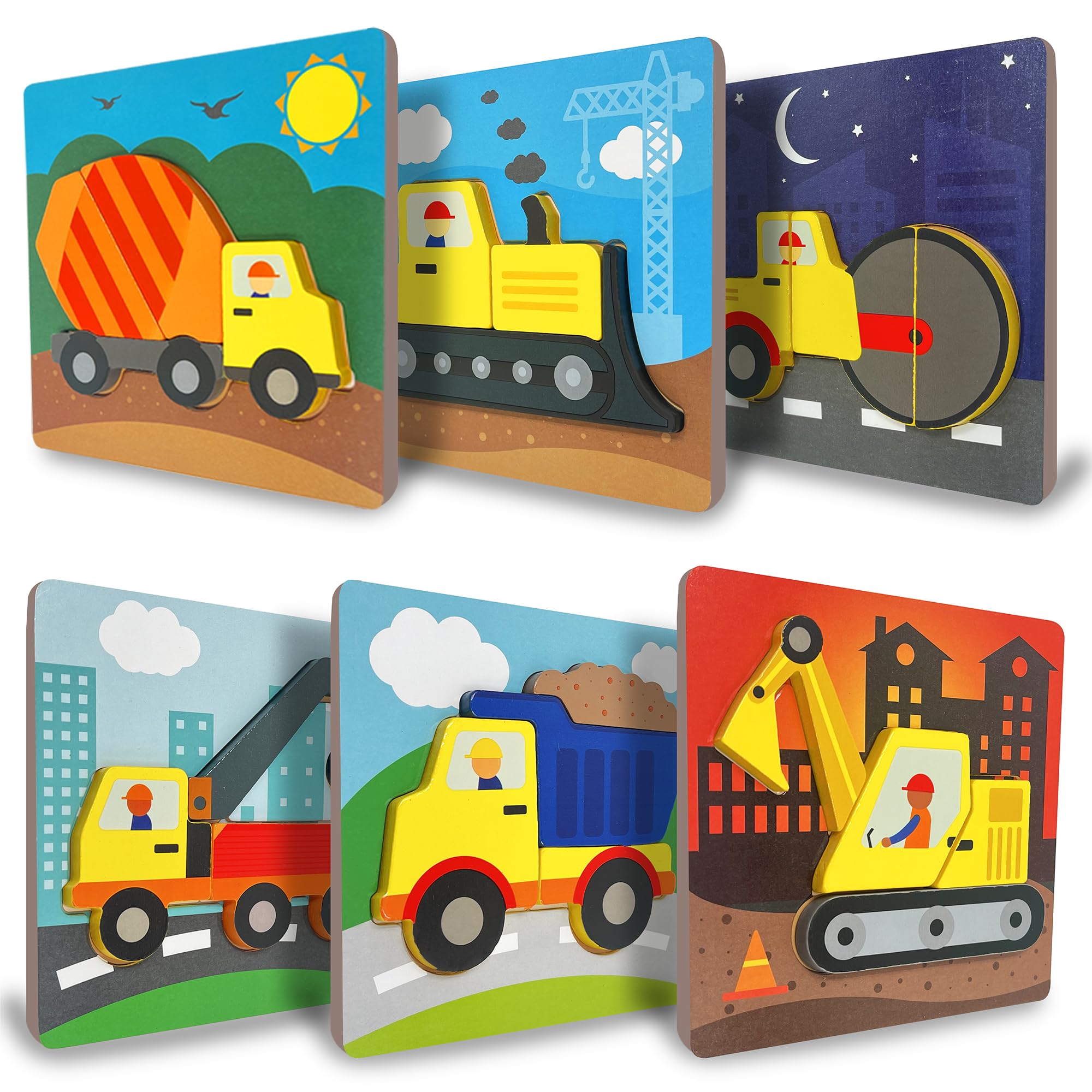 6 PK Construction Wooden Toddler Puzzles Ages 2-4 | Wooden Puzzles for Toddlers 1-3 | Montessori Toys for 2 Year Old | Learning Toys for 2+ Year Olds | Educational Toys for 2 Year Old | STEM