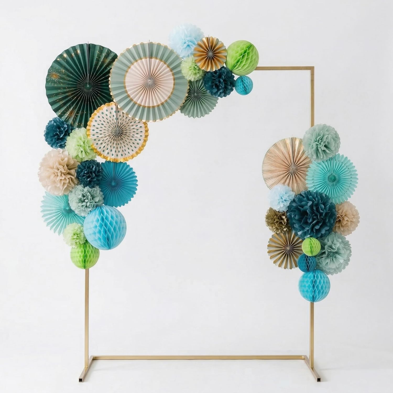 PapaKit 26pc Deluxe Large Sage Green & Gold Party Decoration Set - Premium Paper Fans, Honeycomb Balls & Pom Poms Backdrop - Party Wall Decor for Baby Shower, Wedding, Birthday, & Bridal Shower