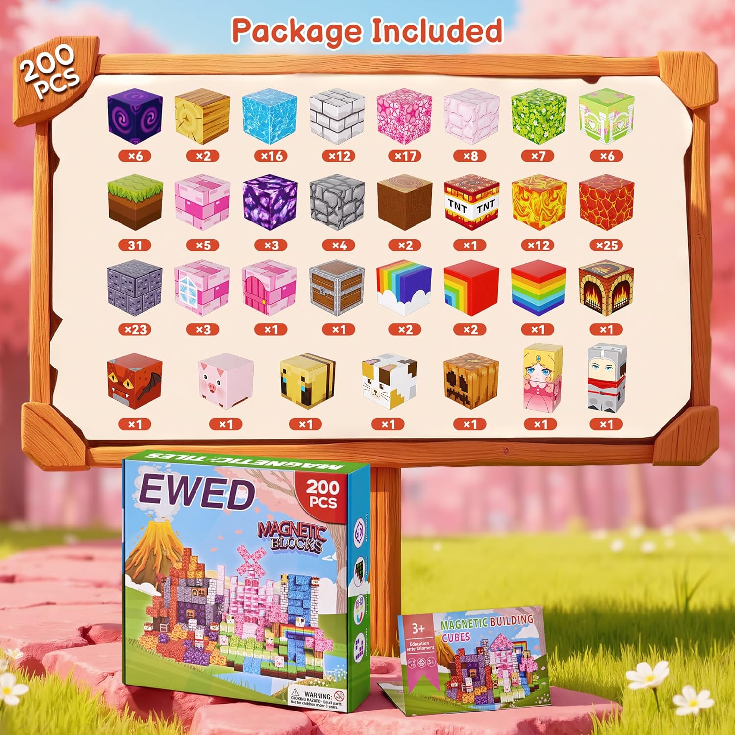 200PCS Magnetic Blocks - Easter Toys for Kids, Magnetic Building Blocks Cubes Tiles, Stacking Magnets School STEM Game Toys Gift for Toddlers Boys Girls Ages 3+ Birthday Party Supplies - Pink Forest