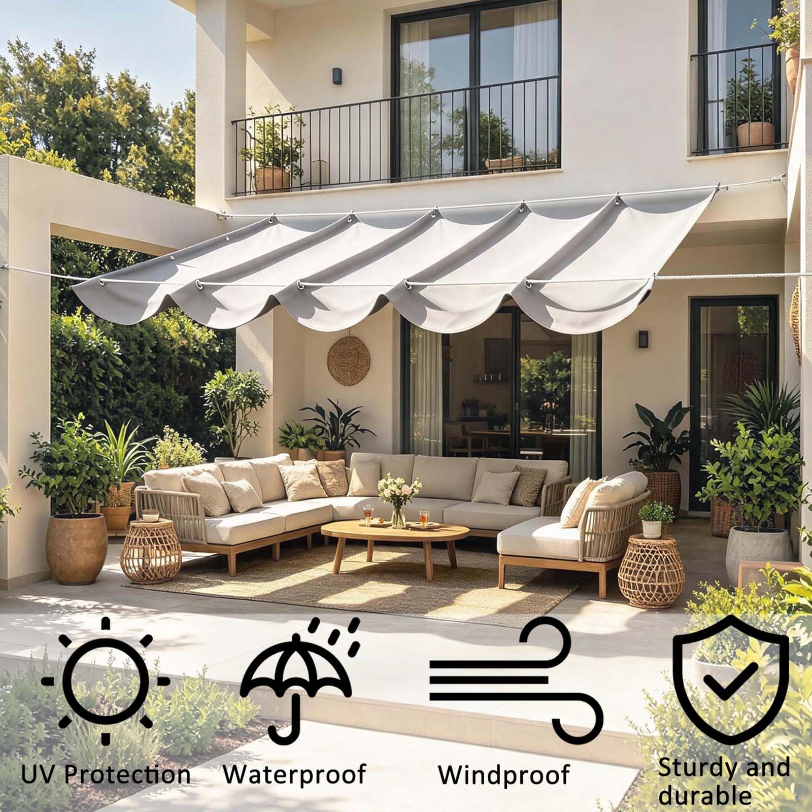 Tenda Parasole Retrattile 170 x 1200 cm Impermeabile Protezione UV con Corda di Nylon e Occhiellato Telo Ombreggiante Esterno Tenda a Vela Giardino per Balconi Terrazze, Grigio Chiaro