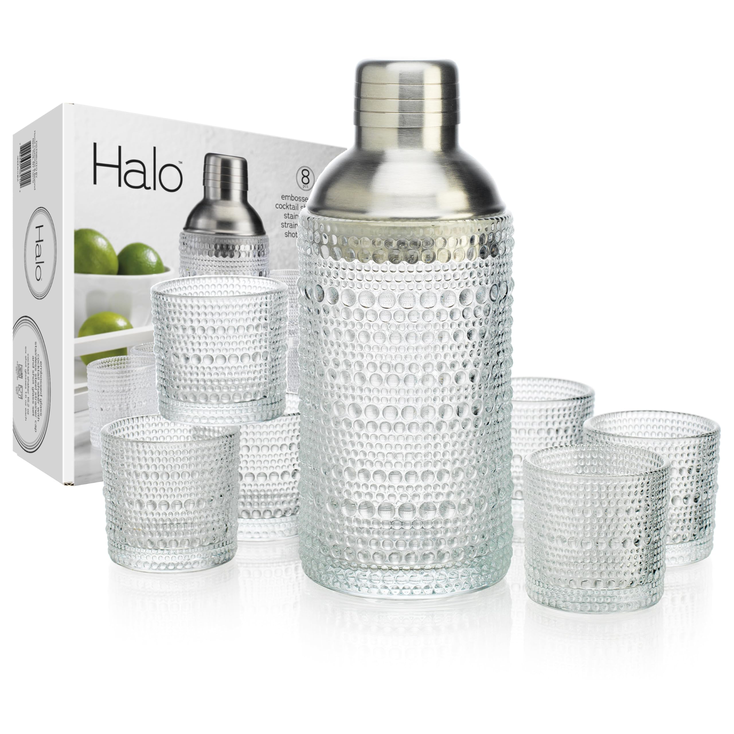 Glaver's Cocktail Shaker Set, Glass 15.2 oz Shaker, 6 Hobnail Shot Glasses, Stainless Steel Strainer Cap,Glass Shaker Set for Bars. Dishwasher Safe