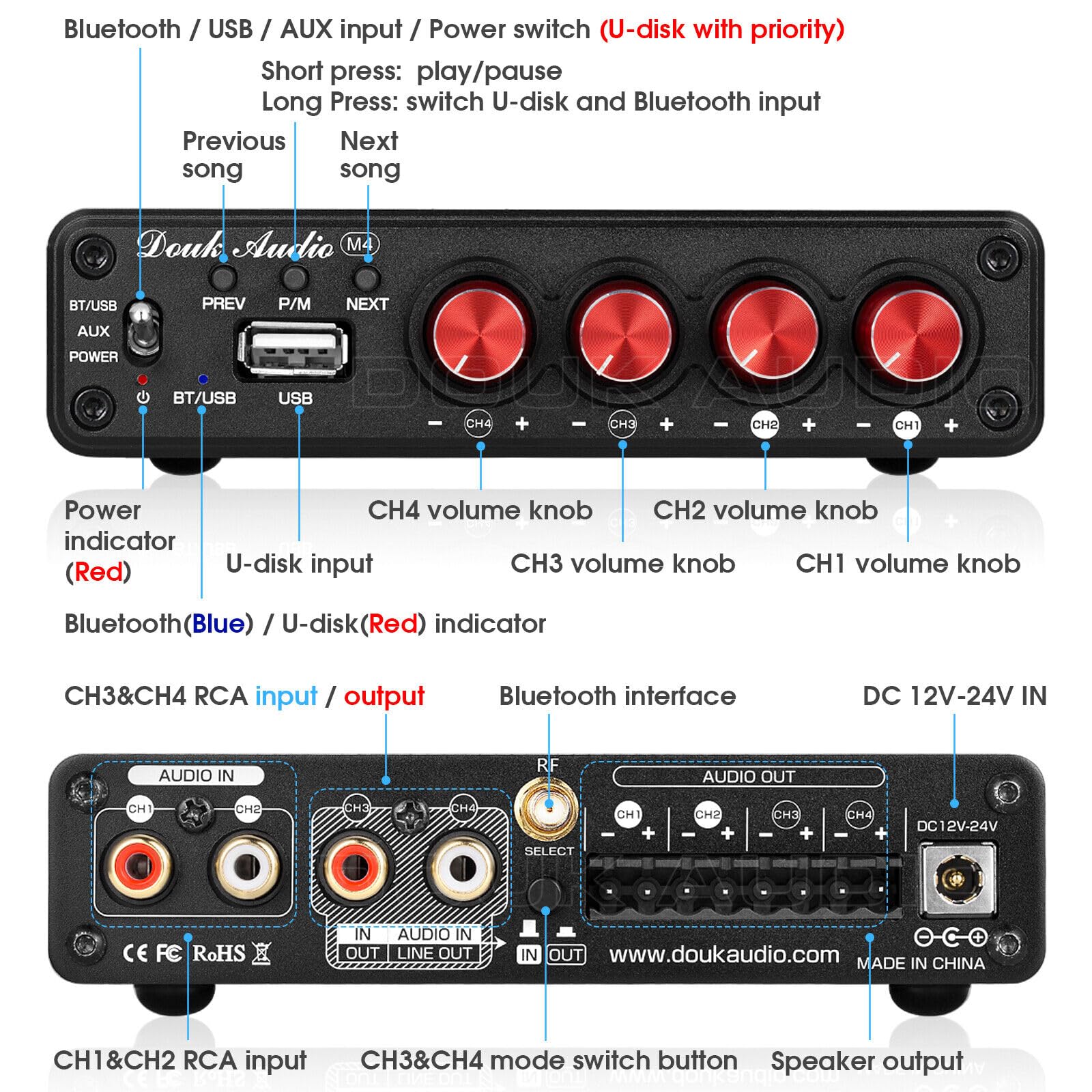 Douk Audio HiFi Bluetooth 5.0 Digital Power Amplifier Stereo 2/4 Channel Audio Amplificatore 50W x 4