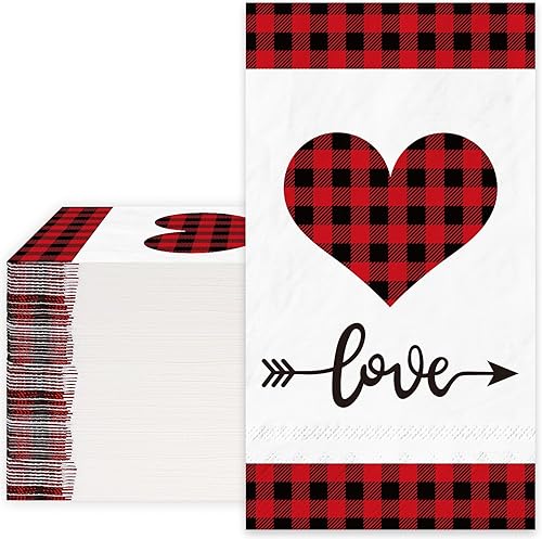 Miniatura 1 de Whaline Servilletas de papel desechables de 3 capas con corazón a cuadros rojos y negros para el día de San Valentín, servilletas de papel
