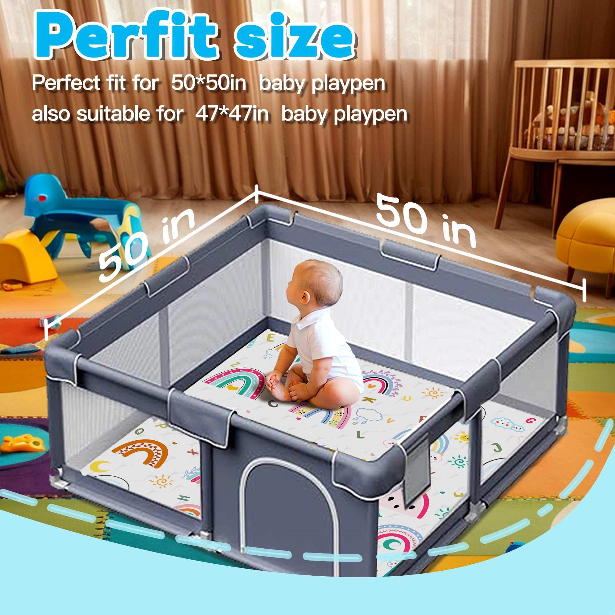 Tapete de juego para bebé, grueso y suave de 50 x 50 pulgadas, antideslizante y lavable a máquina, tapete de juego para bebé, tapete para gatear para bebés, niños pequeños y bebés para jugar y 3