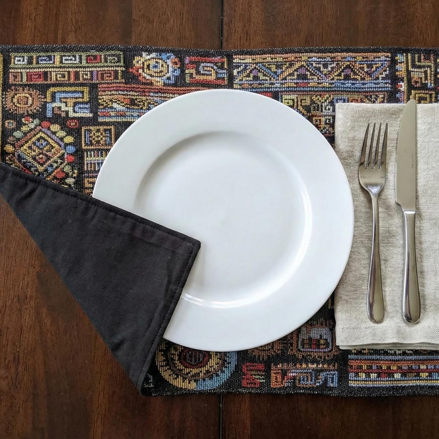 DaDa Bedding Bohemian Ethnic Ornaments Tapestry Placemats - Set of 4-Pieces Greek Ethnic Calligraphy Geometric Colorful Dark Black Design - Decorative Cotton Woven Kitchen Dining Mats - 13” x 19”