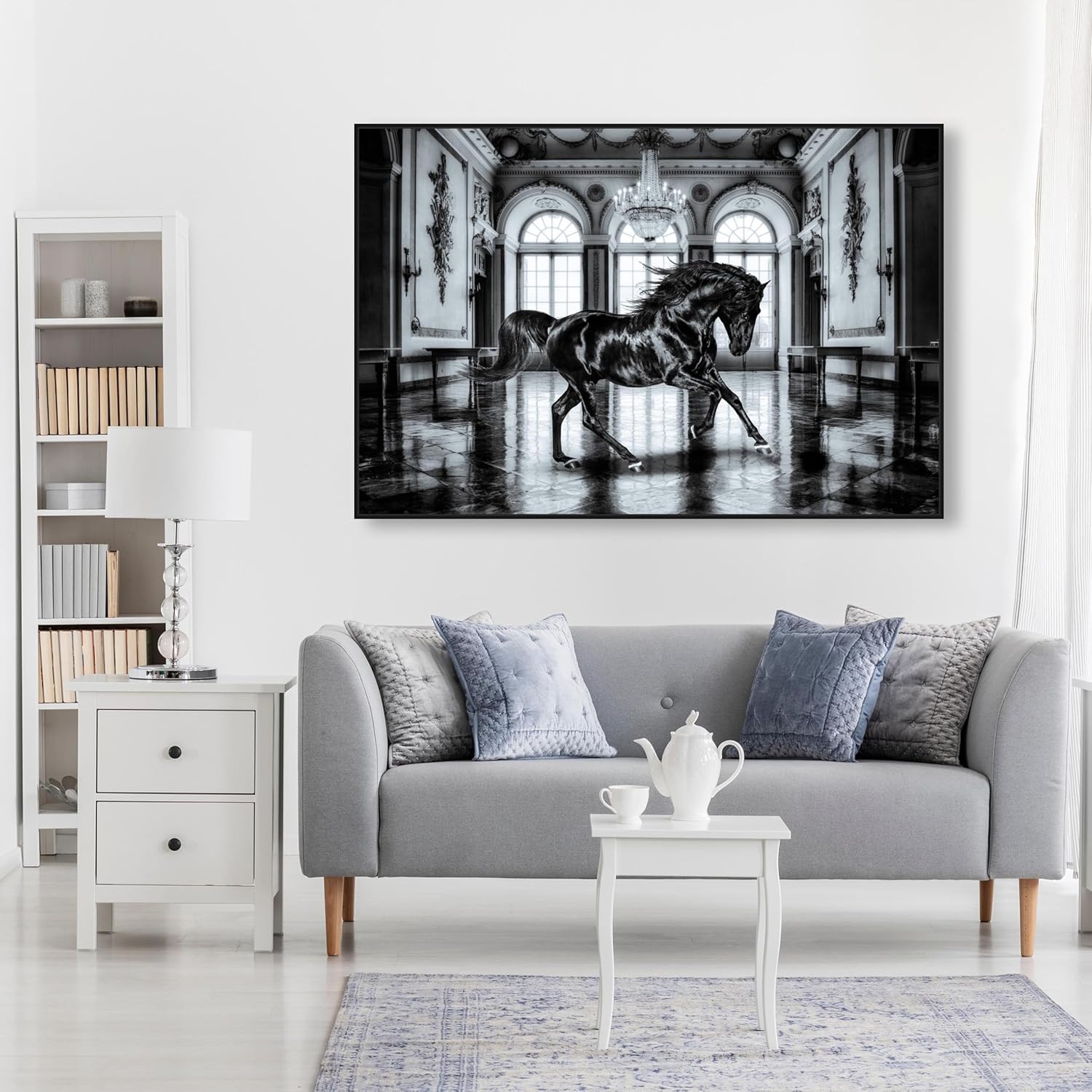The Oliver Gal Artist Co. Country Glam Canvas, 54" x 36", Black Frame, Elegant Black Ballroom Horse