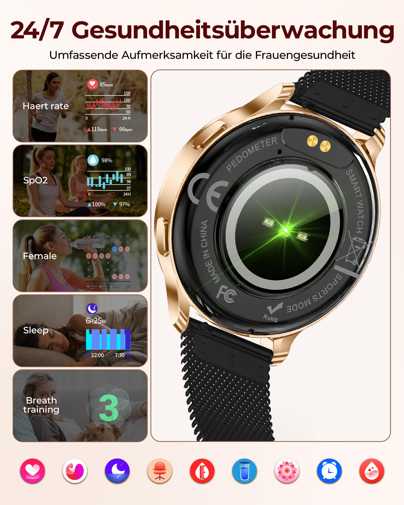 Iaret Smartwatch Damen Rund mit 3 Armbändern, 1,27" AMOLED Display, Telefonfunktion, 120+ Sportmodi, 24H SpO2/Puls, Schlafmonitor, Fitnessuhr für iOS Android, Schwarzgold - Geschenk für Frauen