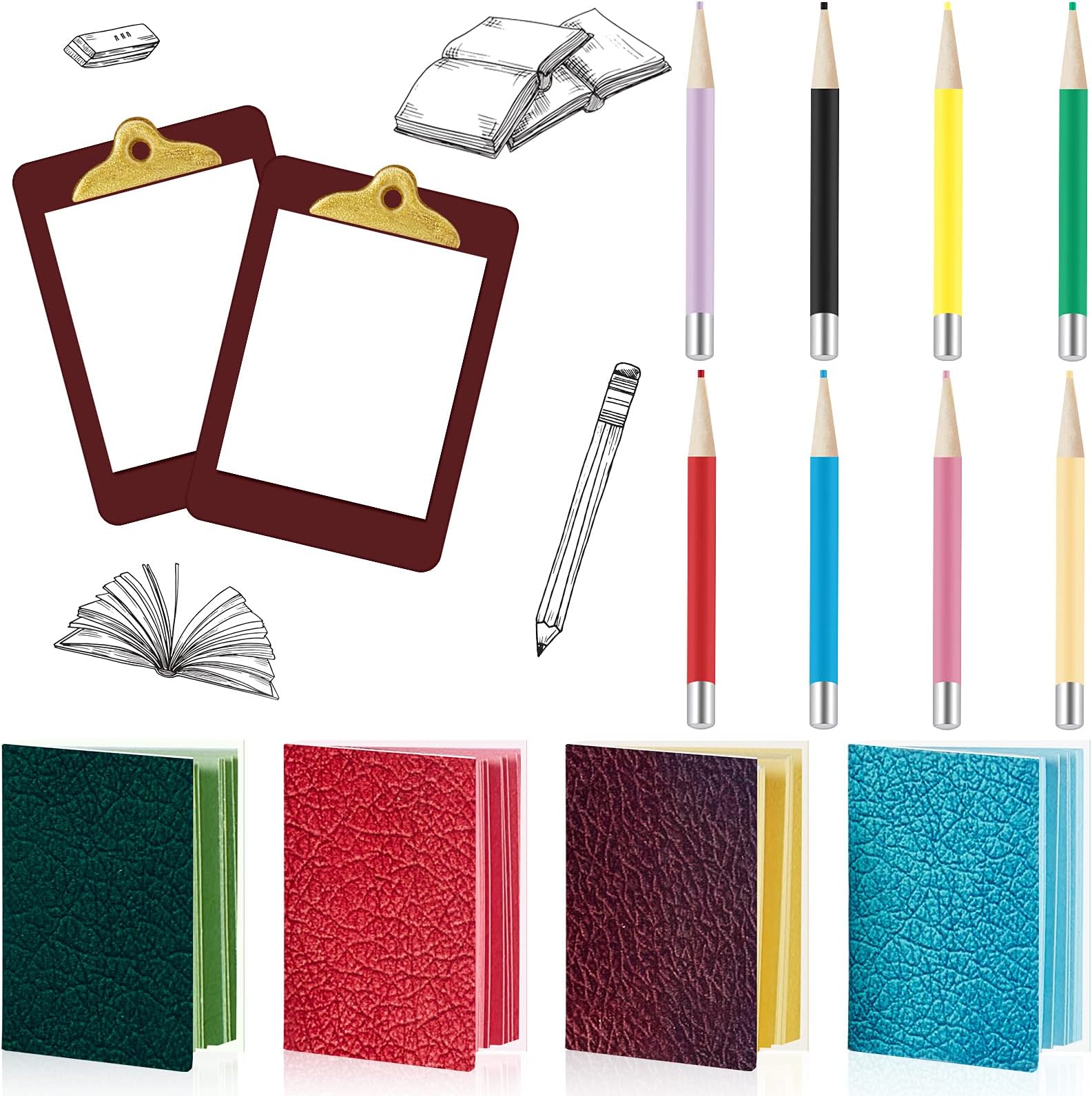 Sumind 4 Pieces Miniature Books with 8 Pcs Pencils and 2 Pcs Clipboards Mini House Decoration Accessories Coloring House Play Set for Miniature Room, DIY Crafting(Simple Style)