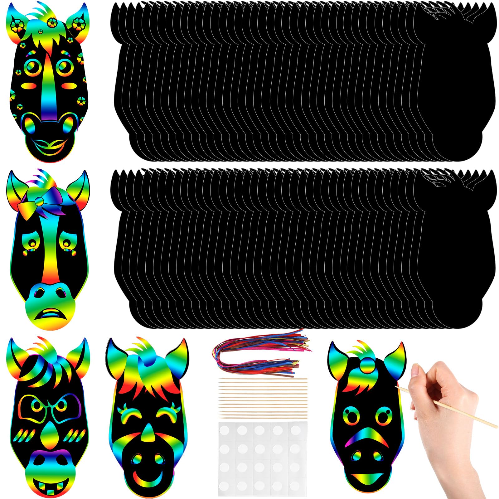 Hungdao 80 Pcs Horse Craft for Kids Horse Face Scratch Cards Colorful Rainbow Western Cowboy Scratch Paper Art with Wooden Stylus for Western Theme Birthday Party Classroom DIY Activities