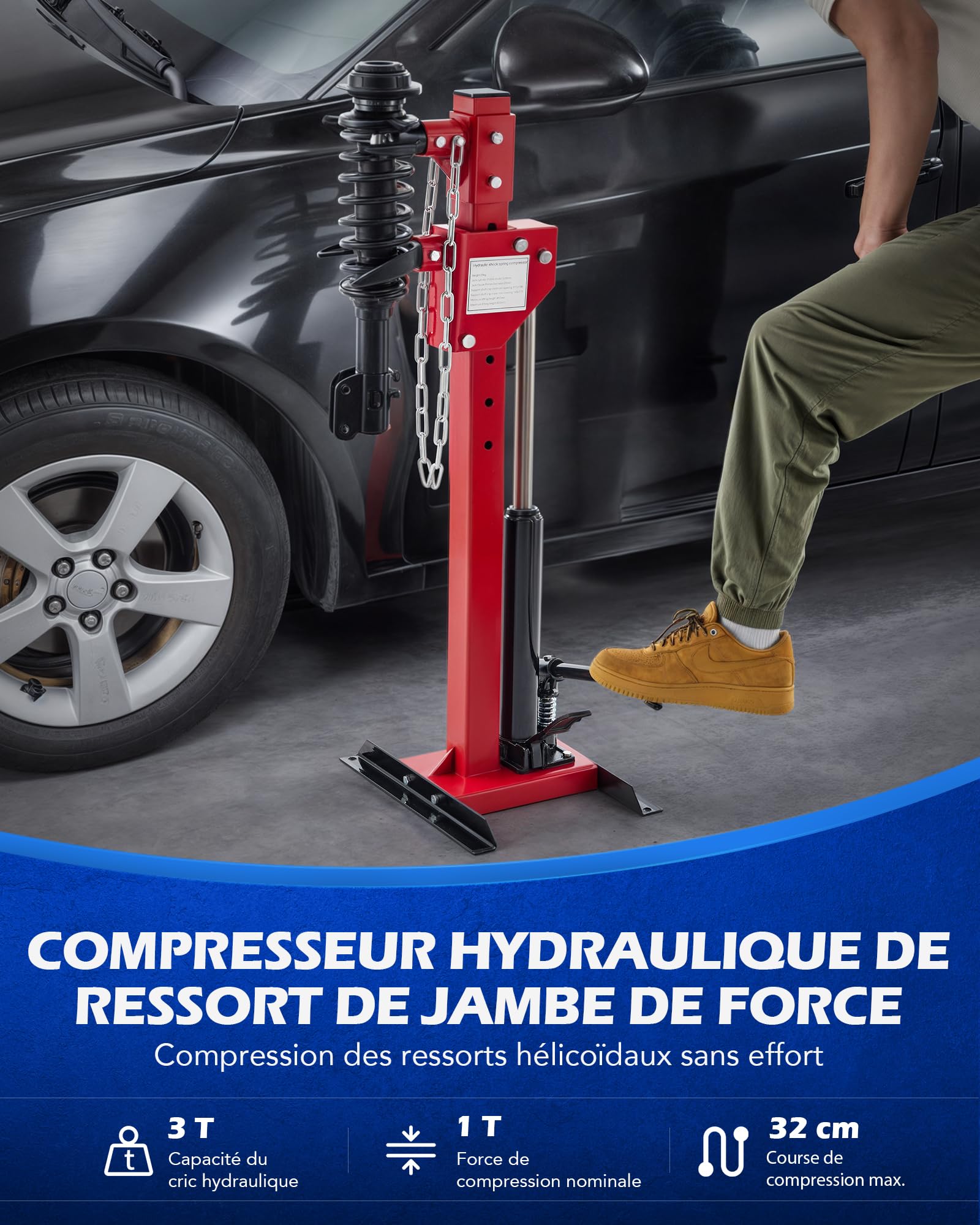 Orion Motor Tech Compresseur de Ressort Amortisseur Hydraulique Capacité 3T avec 4 Pinces de Serrage 7 Trous pour Réglage de Hauteur Opération à Pieds pour Réparation des Voitures Camions Caravanes