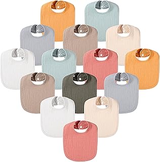 Yahenda 16 Pcs Baby Muslin Bibs Teething Bibs Cotton Baby Bibs 4 Absorbent Layers Drool Bibs Baby Bandana with Adjustable Snap Closure for Unisex Boys Girls Teething Drooling Burping, 8 Solid Colors