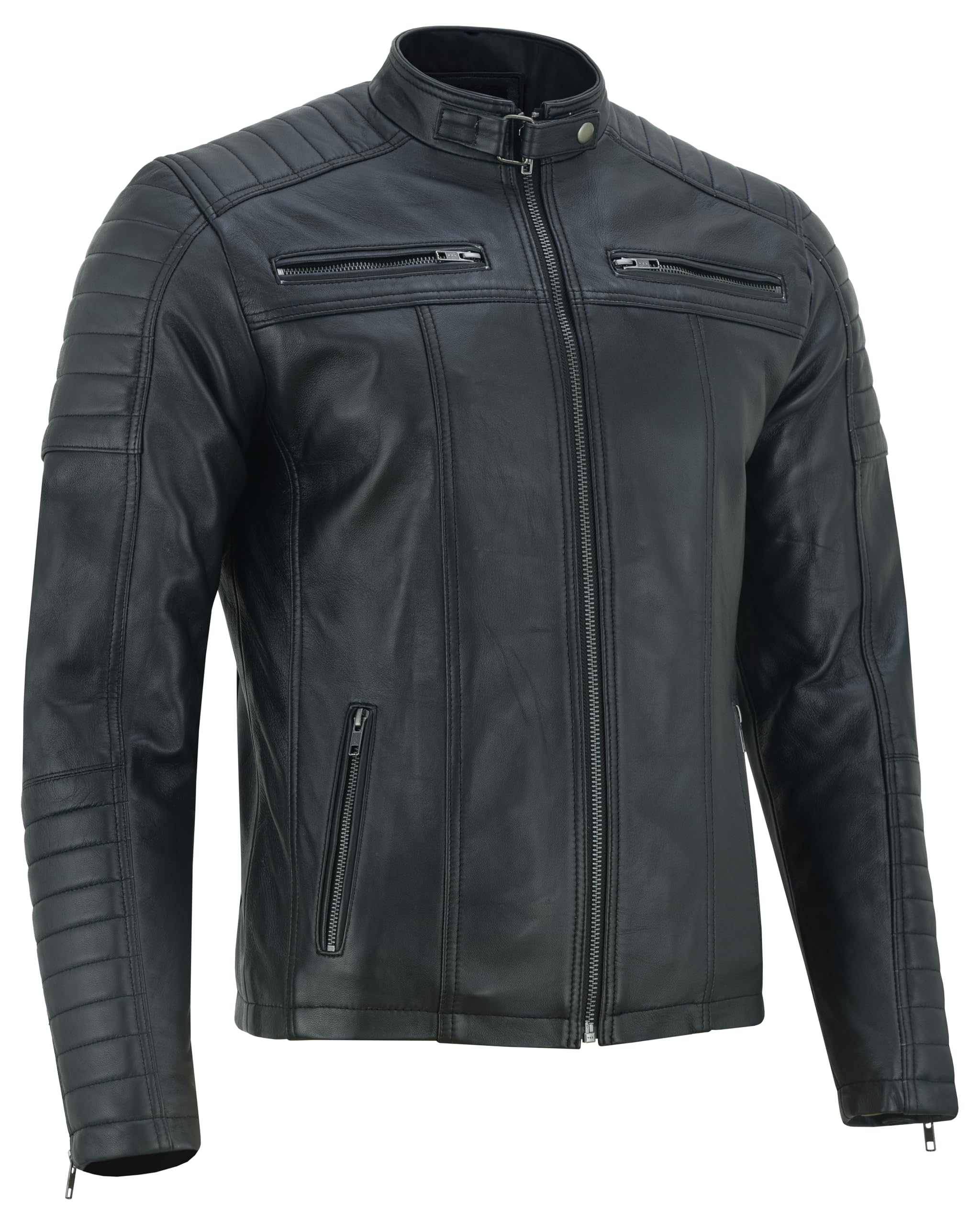 Vance The Leather Company Herren Echtleder Bikerjacke aus 100% Lammleder