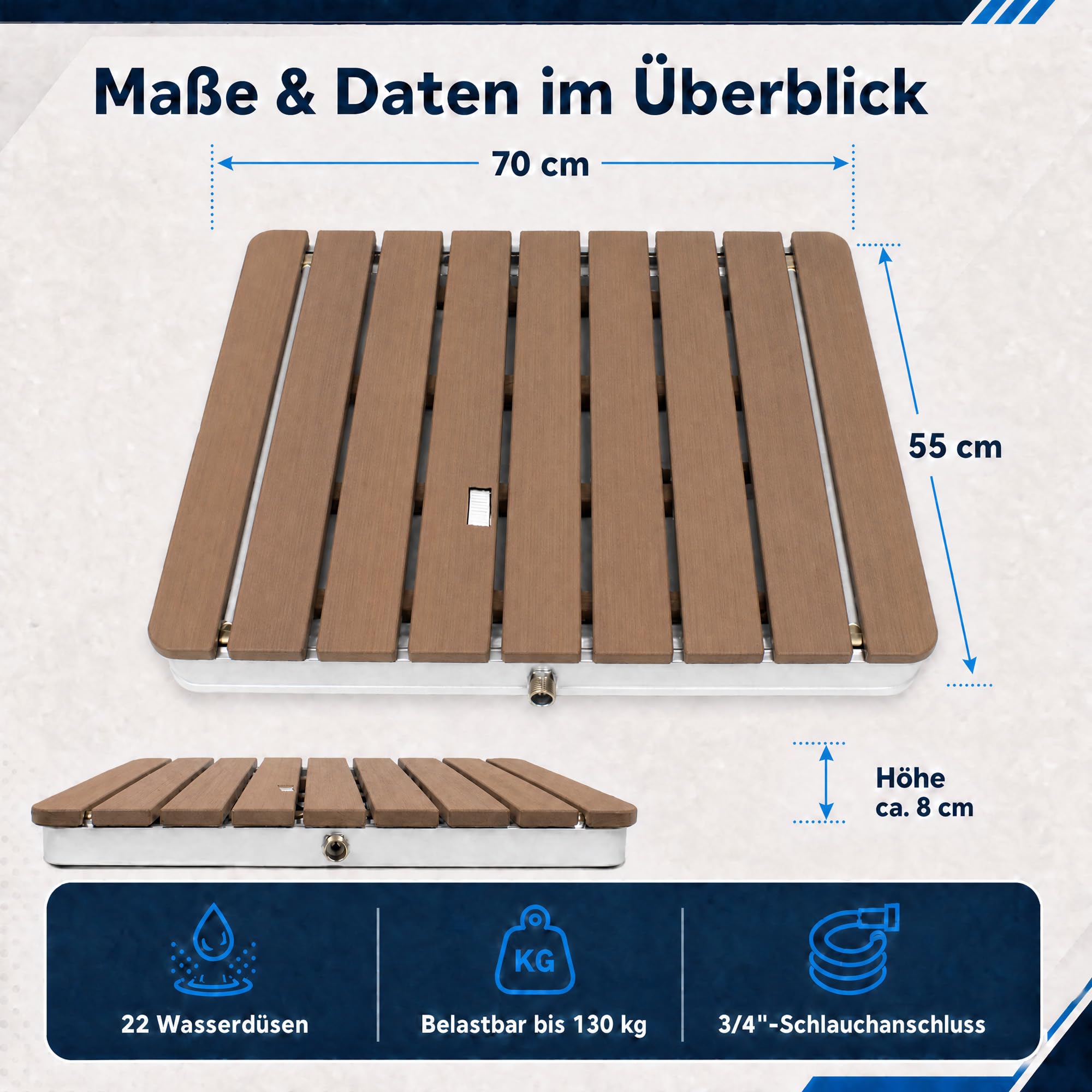 @tec Gartendusche, 70 x 55 cm, Bodendusche für Garten, Pool & Camping, WPC-Bodenplatte mit 22 Fontänen, Fußventil mit Stellrad, 3/4-Zoll Schlauchanschluss, mobil, bis 120 kg