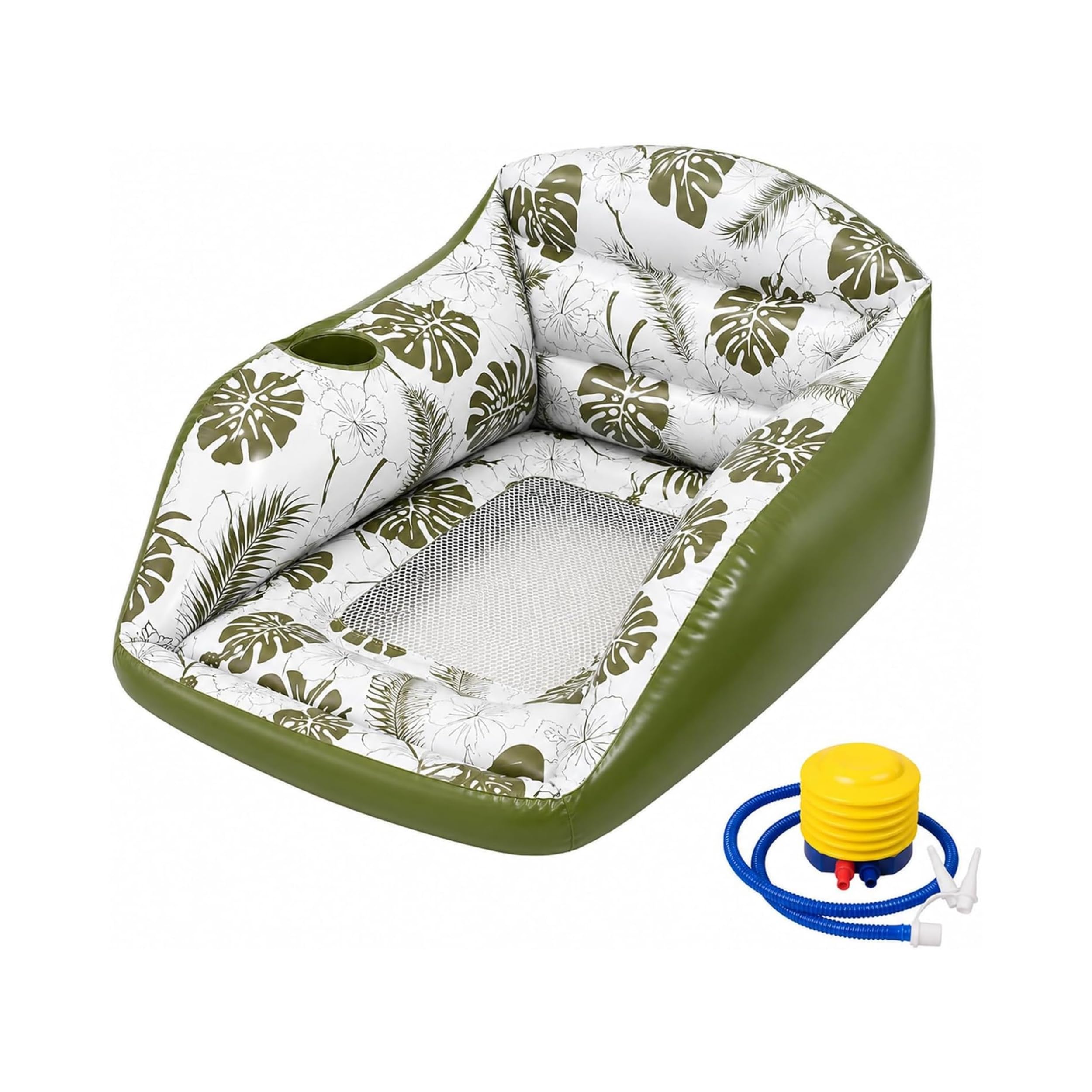 Sillón flotante inflable para piscina con asiento de malla y portavasos integrado – Sofá flotante de PVC con estampado tropical – Inflado rápido para piscinas y lagos (modelo individual)，verde