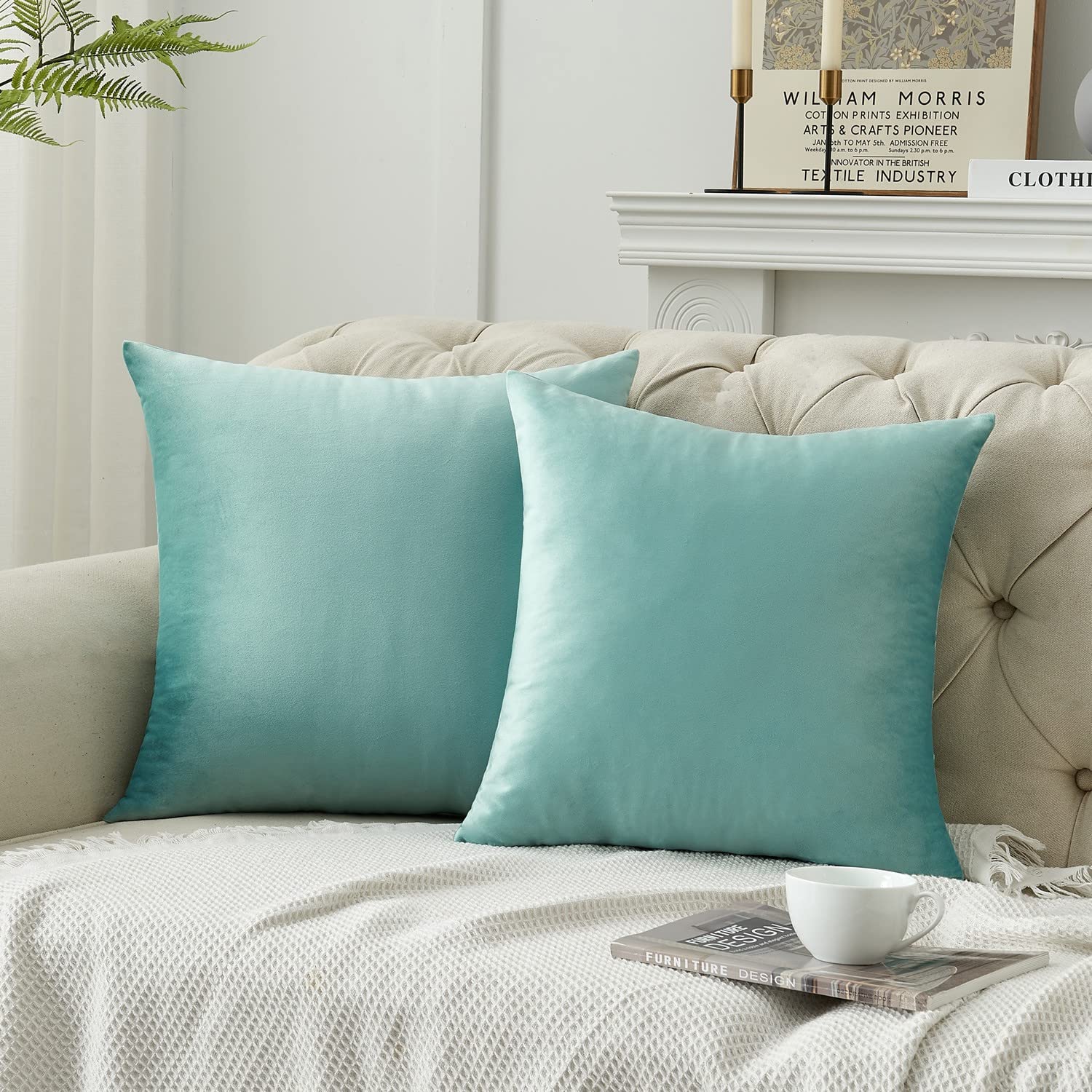 Photo 1 of Krifey Throw Pillow Covers Velvet Decorative Square Pillowcase Soft Cushion Case for Couch Bedroom 16x16 Inch Aqua Green, Pack of 2 Aqua Green 16x16 Inch(Pack of 2)