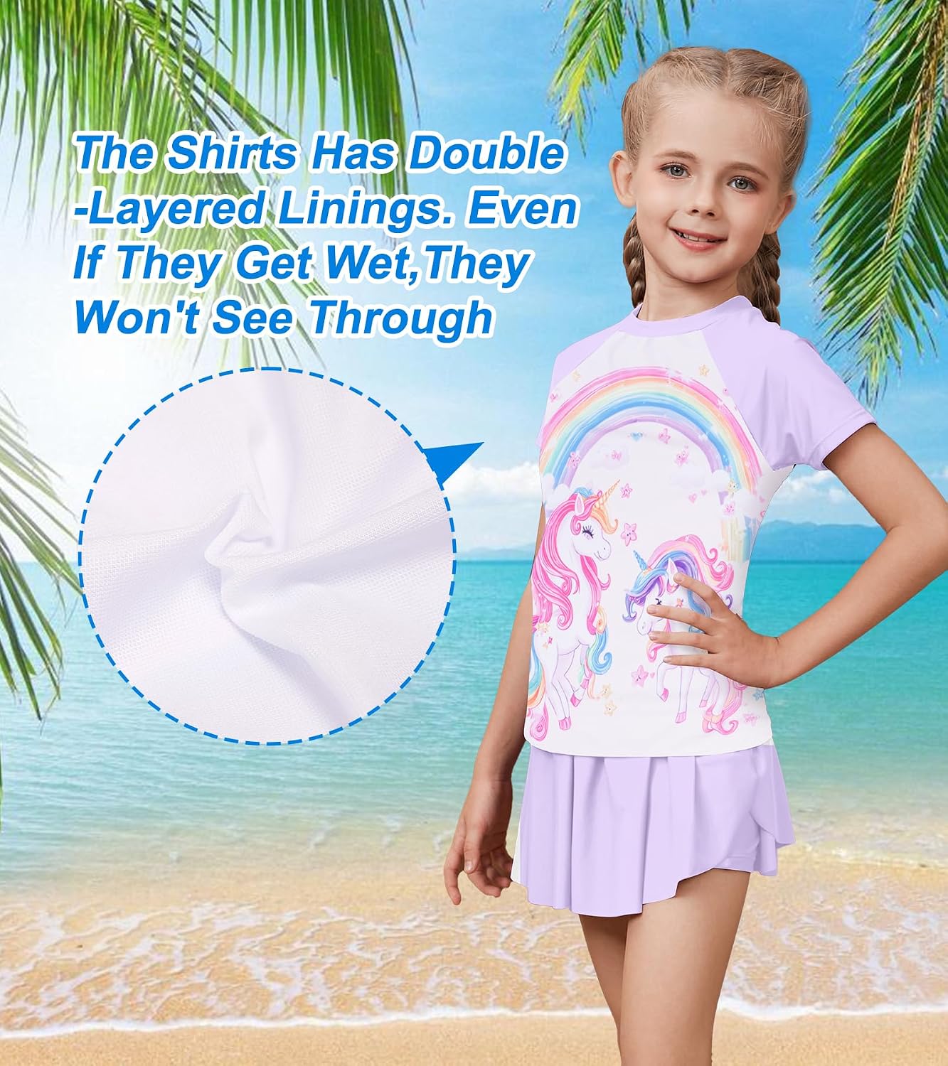 Girls Rashguard Set Flowy Skirt with Butterfly Short Print Short Sleeve Shirt Non-See Through Swimsuit 3-12 Years