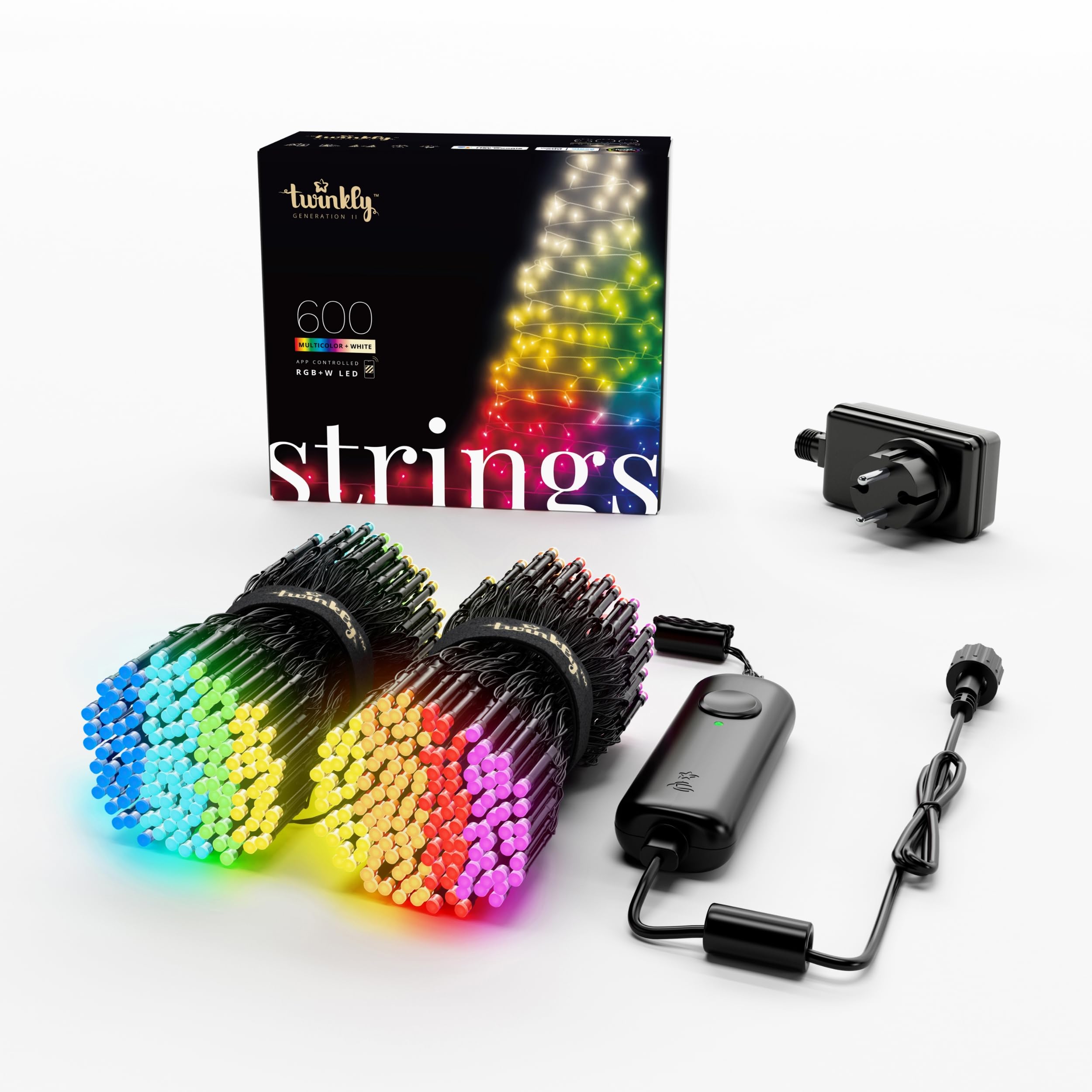 Twinkly Strings 600 LED RGB+Bianco, Striscia di Luci LED per Esterno e Interno, Luci Natale Smart Multicolore, Compatibile con Alexa e Google Home, Luci Mappabili, IP44, Controllo App, Filo Nero, 48m