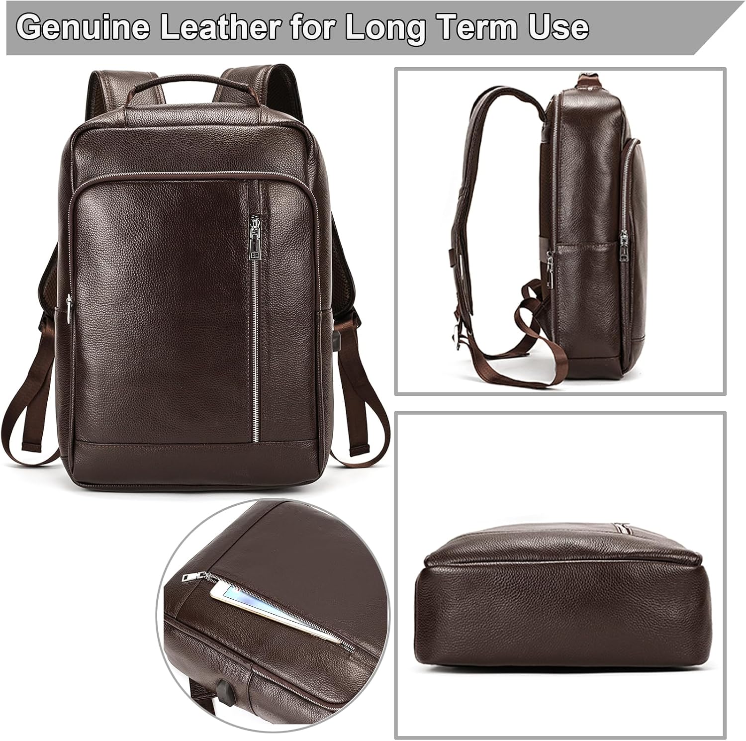 Genuine Leather 15.6 Inch Laptop Backpack for Men, Multi Pocket Slim Daypack Shoulder Bag with Trolley Sleeve for Business Travel (Brown) image 3