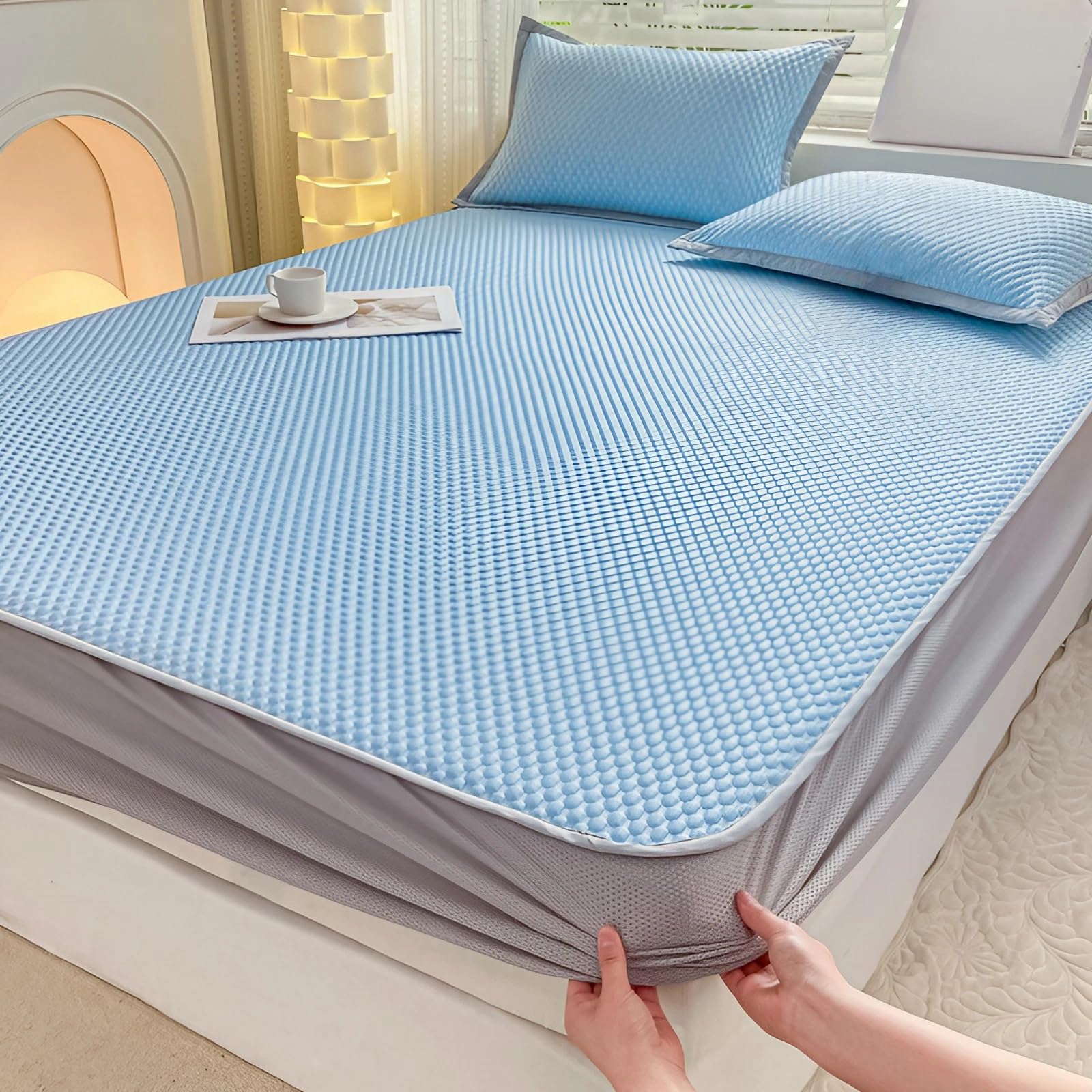 Lenzuola Una Piazza E Mezza In Cotone - Lenzuolo Refrigerante Leggero e Traspirante - Coprimaterasso Rinfrescante per Letto Estivo - Topper Matrimoniale Completo(Blue A,150 x 200 cm+2 pillowcases)