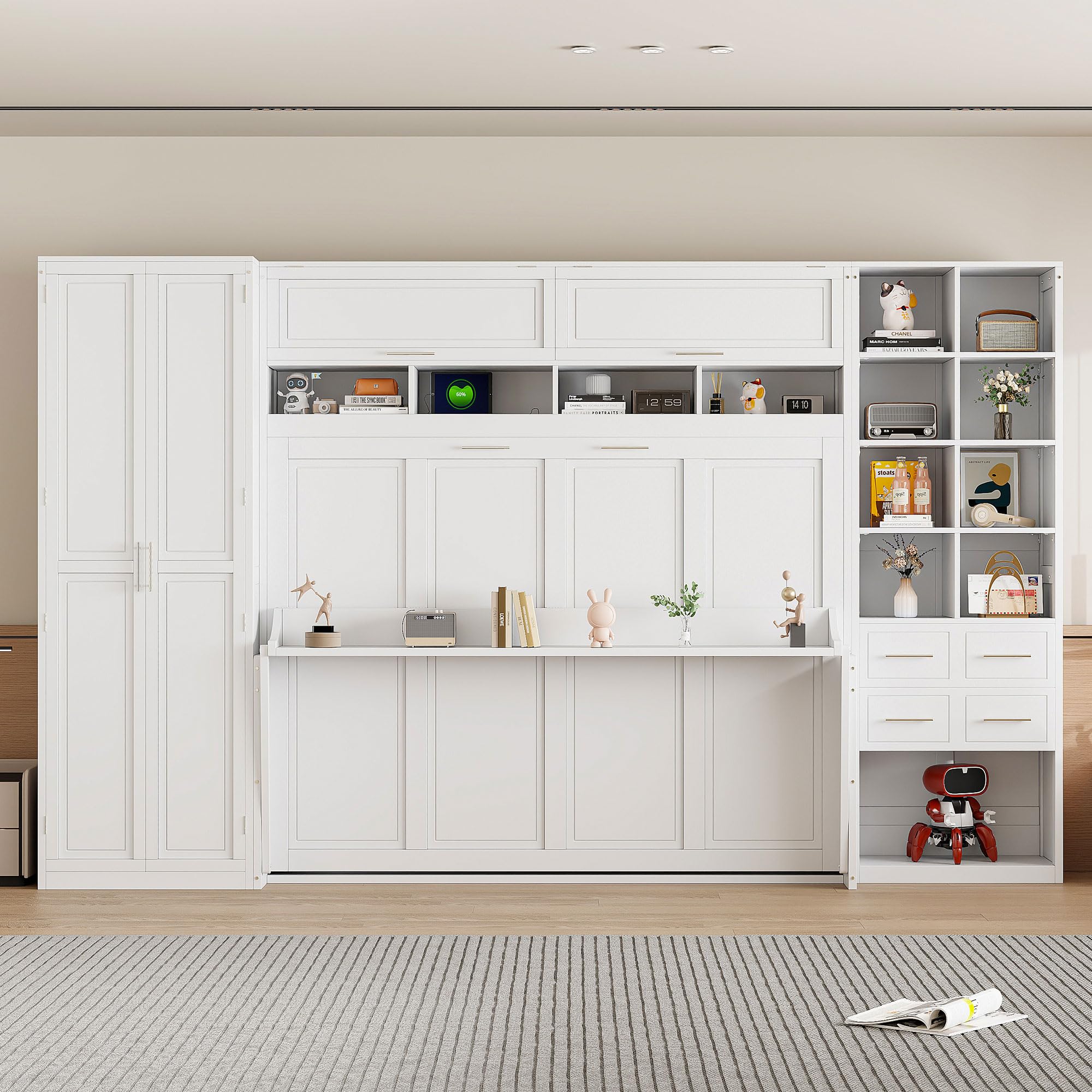 Photo 1 of Merax Queen Murphy Bed with Tall 90.6" Closet Wardrobe & Shelves & Drawers, All-in-One Multi-Storage Side Flip Wood MDF Murphy Cabinet Bed Desk, Open/Close Hydraulically (White)