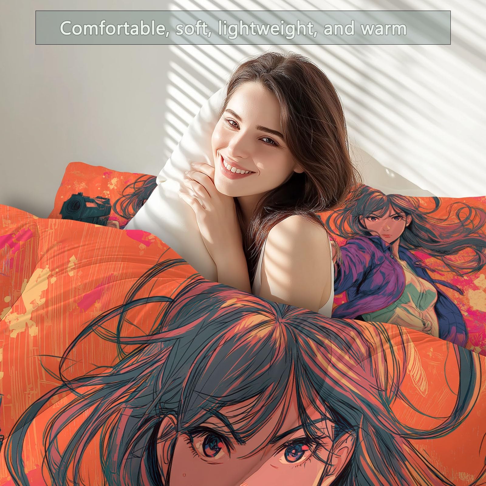 Dwustronna kołdra dla dziewcząt z kreskówki, anime, na każdą porę roku, alternatywne pudełko, lekka i nadająca się do prania w pralce, zestaw pościeli 230 x 220 cm, pomarańczowo-fioletowa