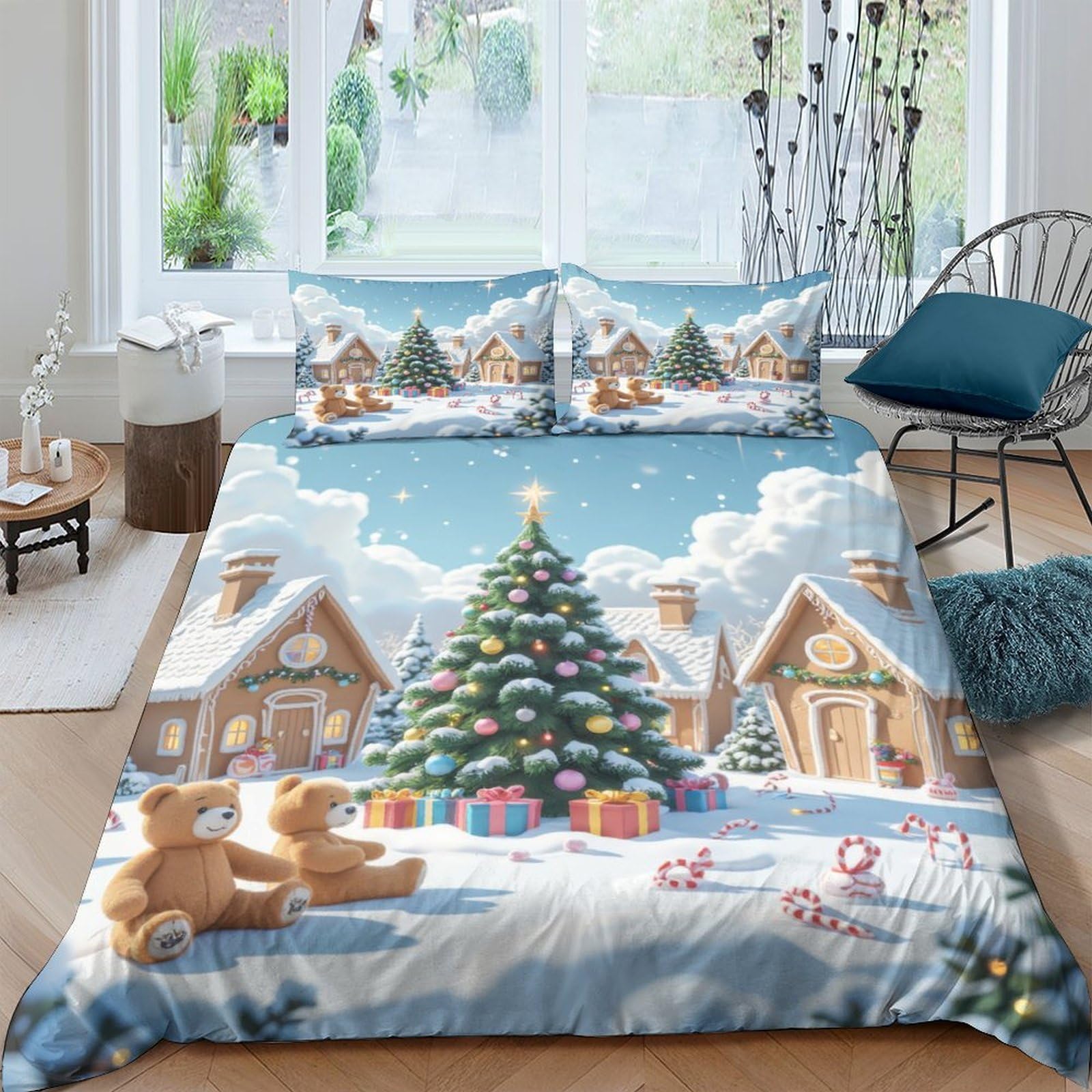 Ctjqhvkz Style-7 3D Printed Christmas Village Fitted Sheet Microfiber Soft Slip-Resistant Xmas Tree Mattress Cover For Bedroom Dorm Decor Single（135X200cm）
