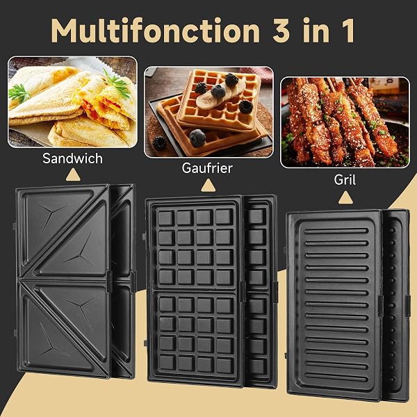 Aigostar gaufrier 3 en 1 : Presse à Paninis et appareil à sandwichs avec 3 Plaques Antiadhésives et Interchangeables, Thermostat Automatique, Grande puissance de 750W - 2