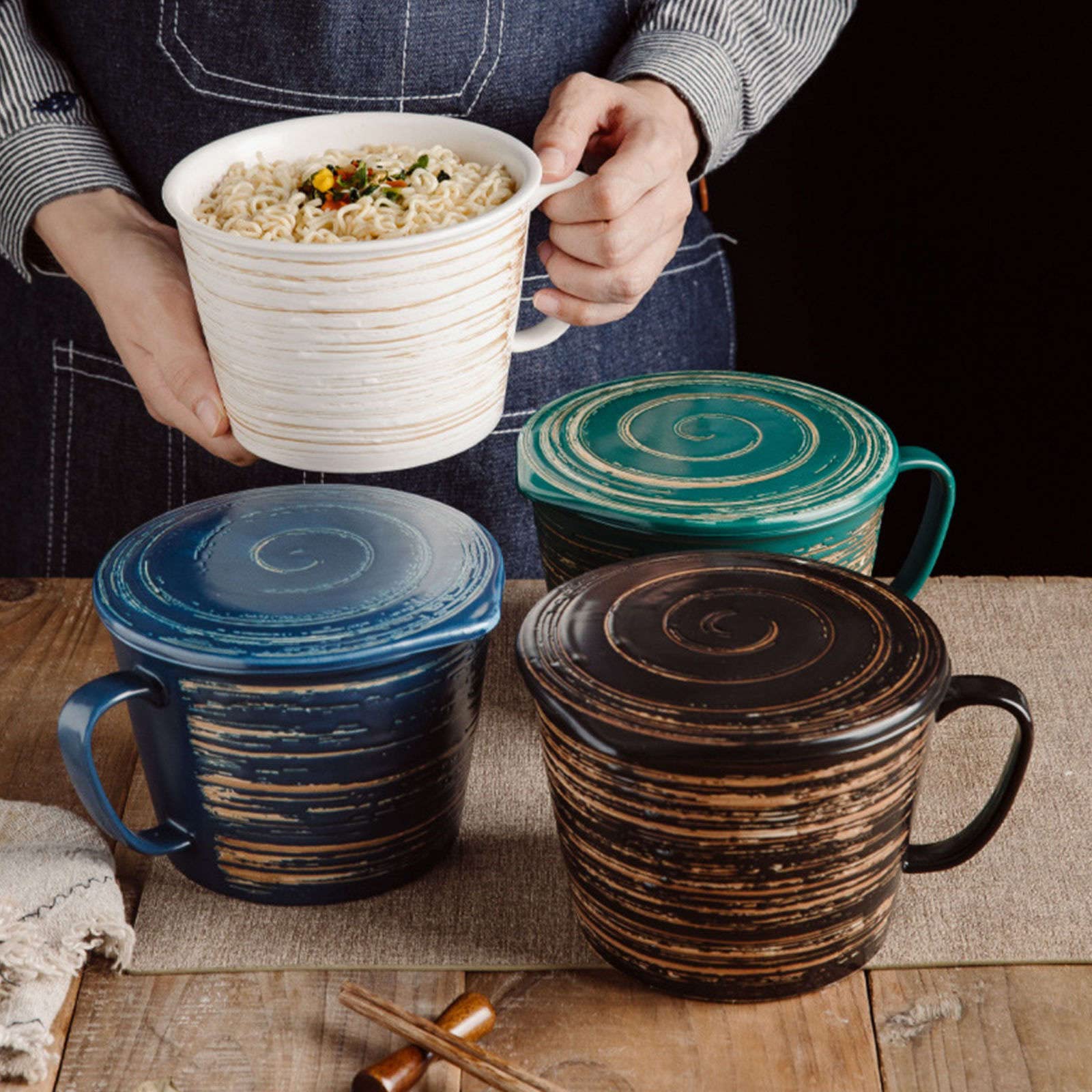 Cuenco para ensalada, cuencos para sopa, cuenco de ramen de cerámica con asa y tapa, taza grande para fideos con tapa, cuenco para sopa profundo apto para microondas.-azul-850 ml, 30 oz (Color : Whi