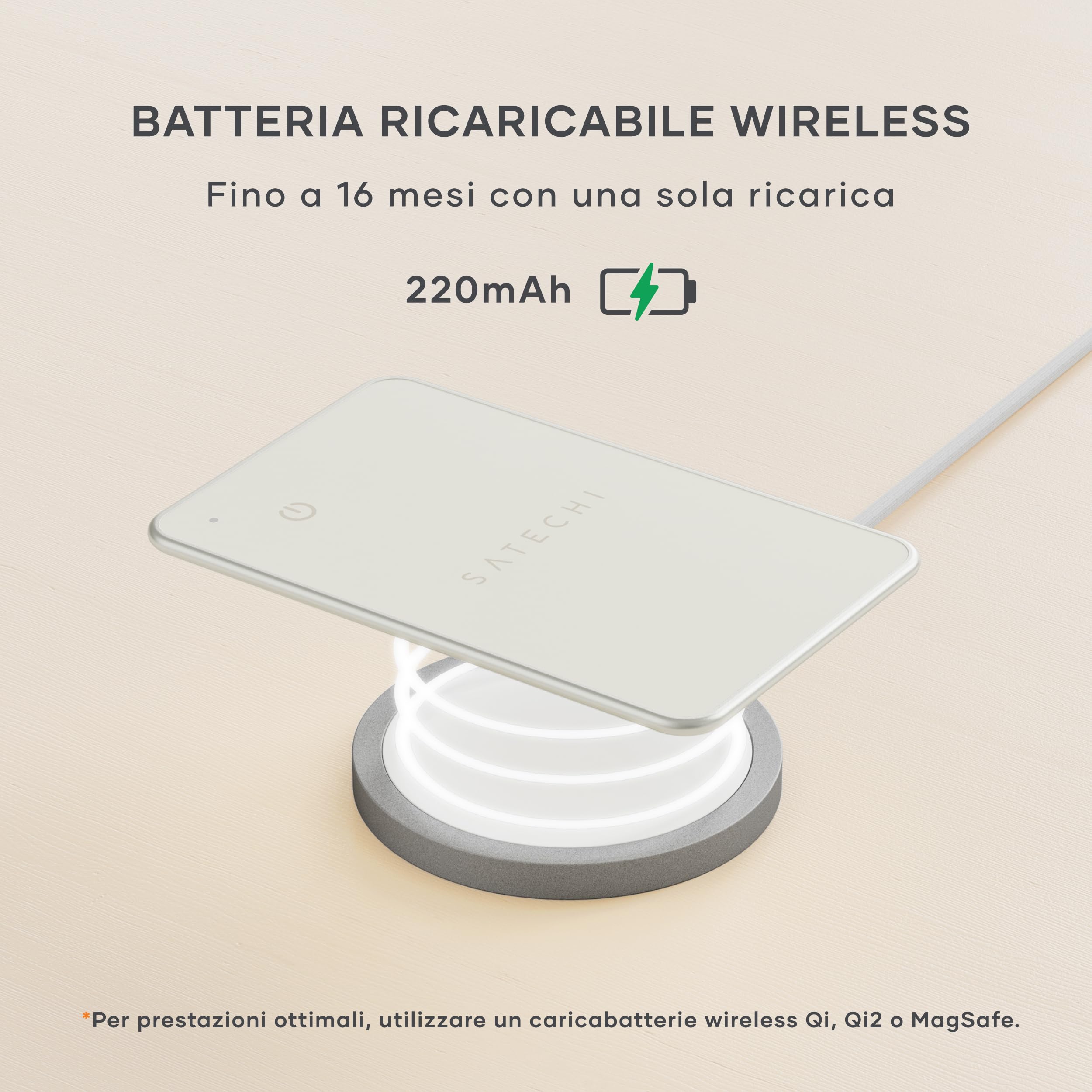 SATECHI FindAll GPS Tracker per Portafogli, Apple Find My, Beige | Localizzatore Bluetooth, ricarica wireless, avvisi di smarrimento potenti, per iPhone, iPad, Mac